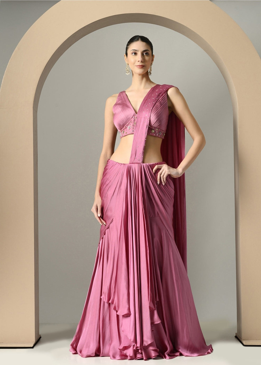 Elegant Indo-Western saree combining fusion fashion with modern design, perfect for a chic ethnic wear look. A stylish and trendy saree style.