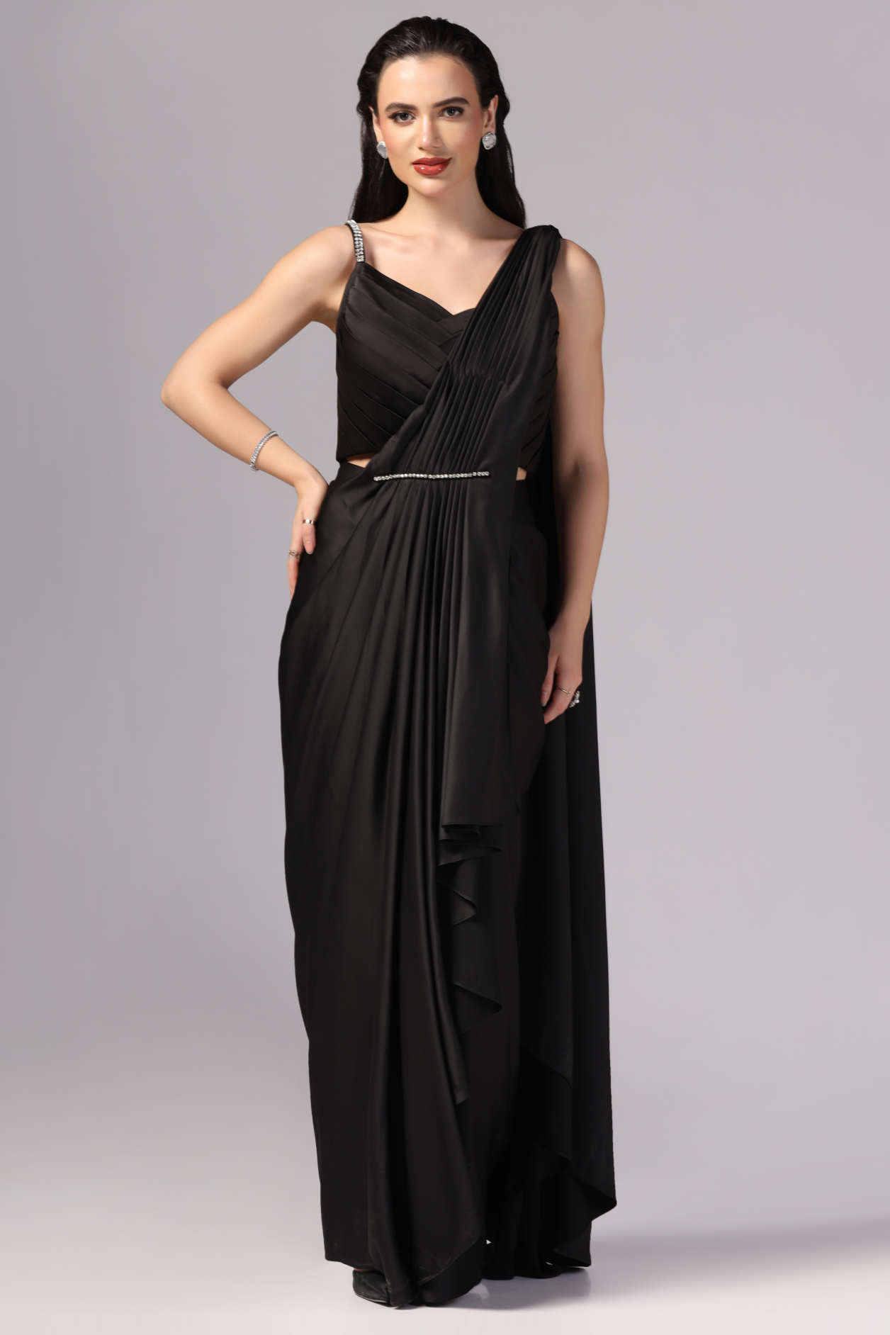 Black Draped Saree in Indo-Western Dresses by Sunanta Madaan