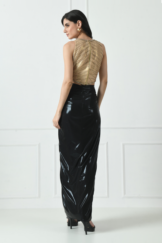 Black Skirt Dress with Golden Top by Sunanta Madaan – Elegant Indo-Western Outfit for Women | Designer Party Wear & Festive Dress | Stylish Evening & Wedding Guest Ensemble