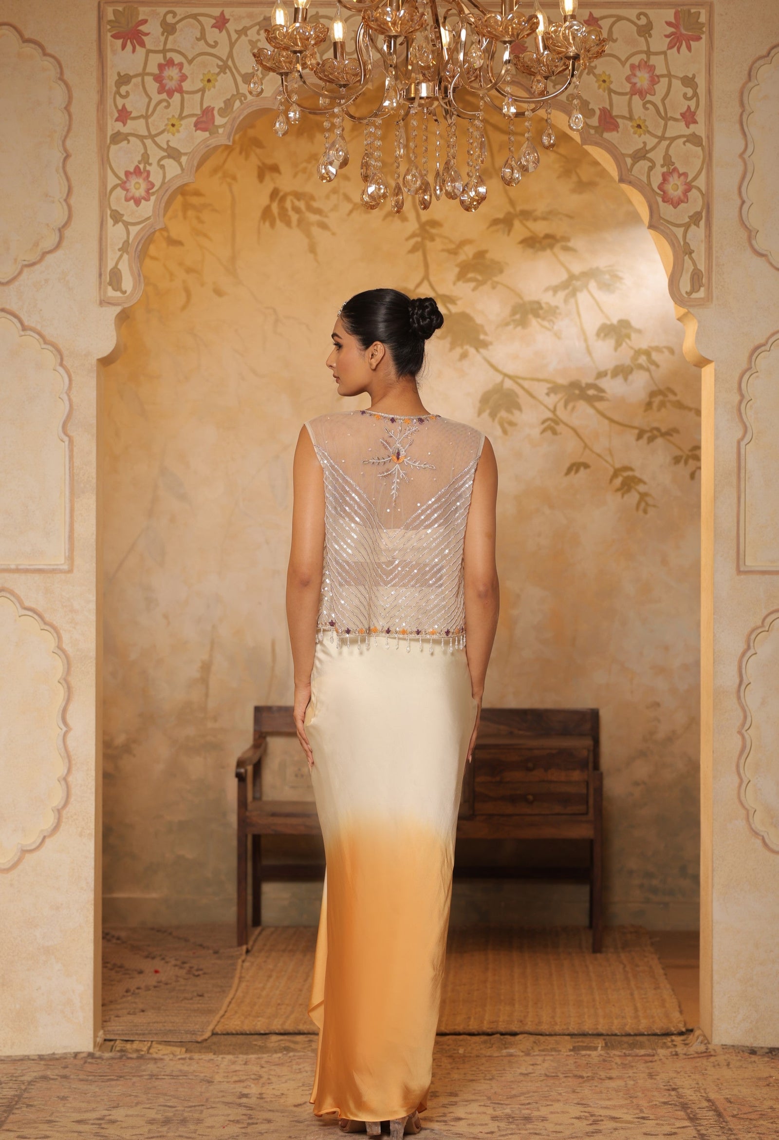 Boho Indo-Western dress, Indo-Western fusion wear, Indo-Western attire for engagement, Indo-Western outfit for sangeet, Indo-Western draped dress, Indo-Western embroidered skirt, Indo-Western embroidered dress,