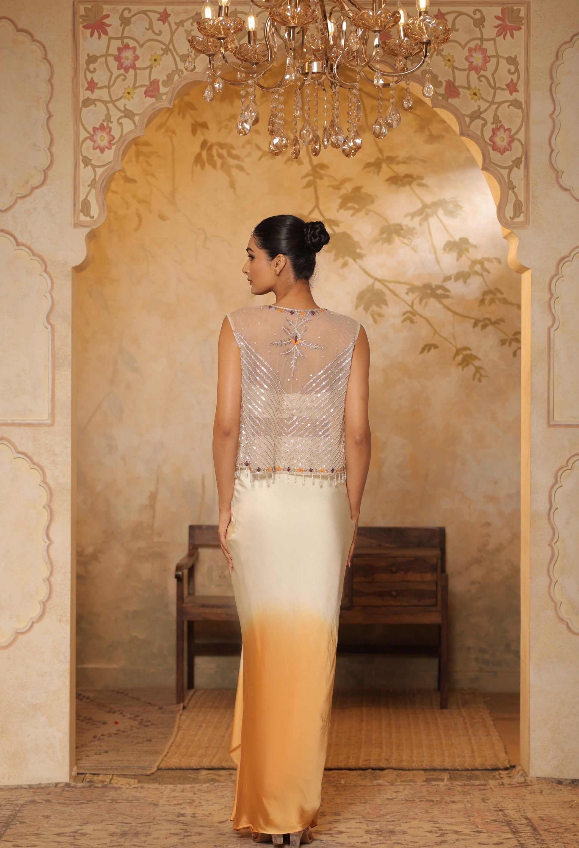 Boho Indo-Western dress, Indo-Western fusion wear, Indo-Western attire for engagement, Indo-Western outfit for sangeet, Indo-Western draped dress, Indo-Western embroidered skirt, Indo-Western embroidered dress,