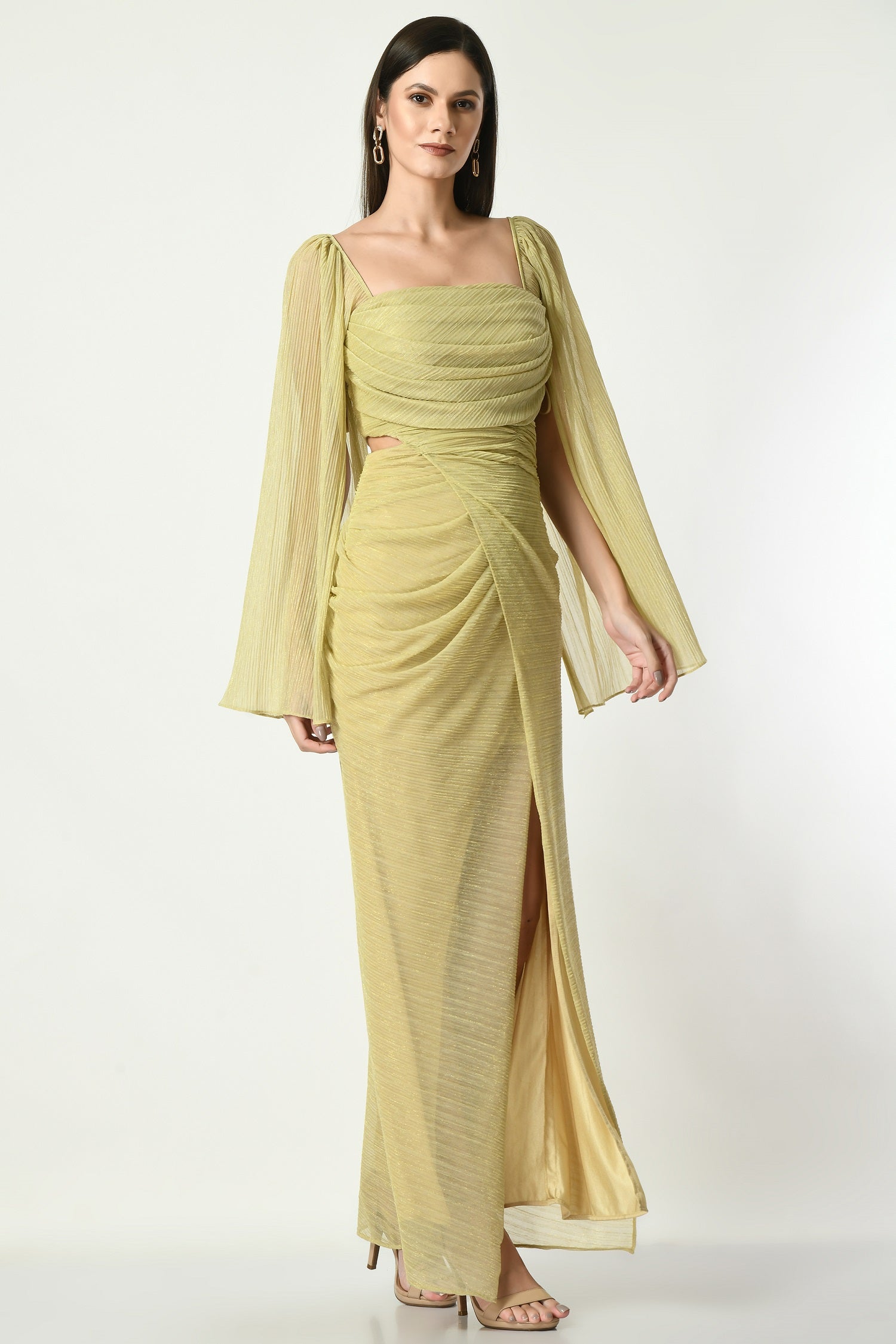 Enid Golden Lycra Cape Sleeve Long Dress Sunanta Madaan XS Enid Golden Lycra Cape Sleeve Long Dress Sunanta Madaan XS
