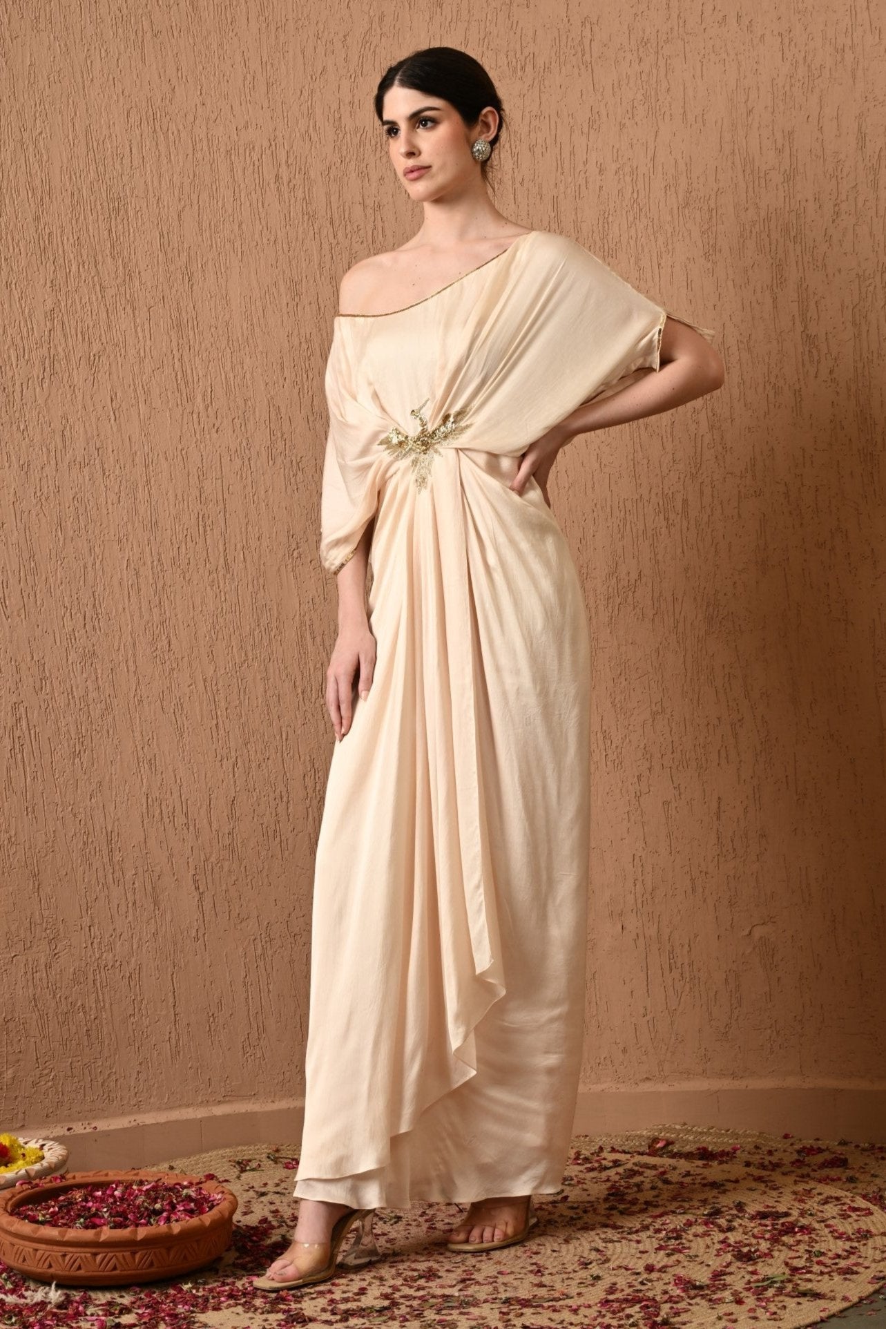 Hand-Embroidered Long Ivory Kaftan Dress for Eid Celebrations – Beautiful long ivory kaftan dress with hand-embroidered detailing, perfect for modest Eid celebrations and festive occasions, Kaftan, Ivory Kaftan, Indo-western Wear Kaftan, Drooping Shoulder Kaftan, Embroidered Kaftan, Sunanta Madaan, Wedding Wear Kaftan, summer wedding kaftan, summer kaftan dress