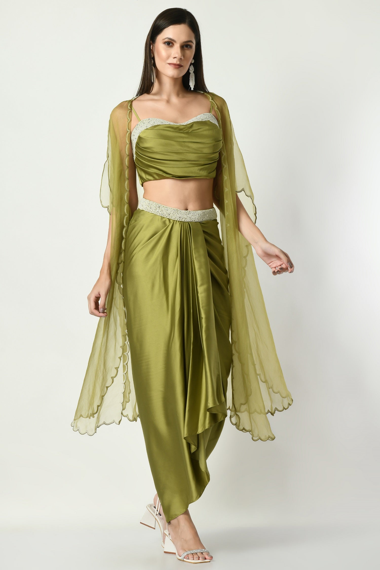 Indo Western Dress for women, Indo Western dresses for women, Indo western Dress for Girls, Party Wear Dress for ladies, Trending Dresses, Trending Design, Celebrity look, Celebrity style, Pearl Embroidery, Olive dhoti skirt dress for women, Dress for Mehendi function, Mehendi function dress,