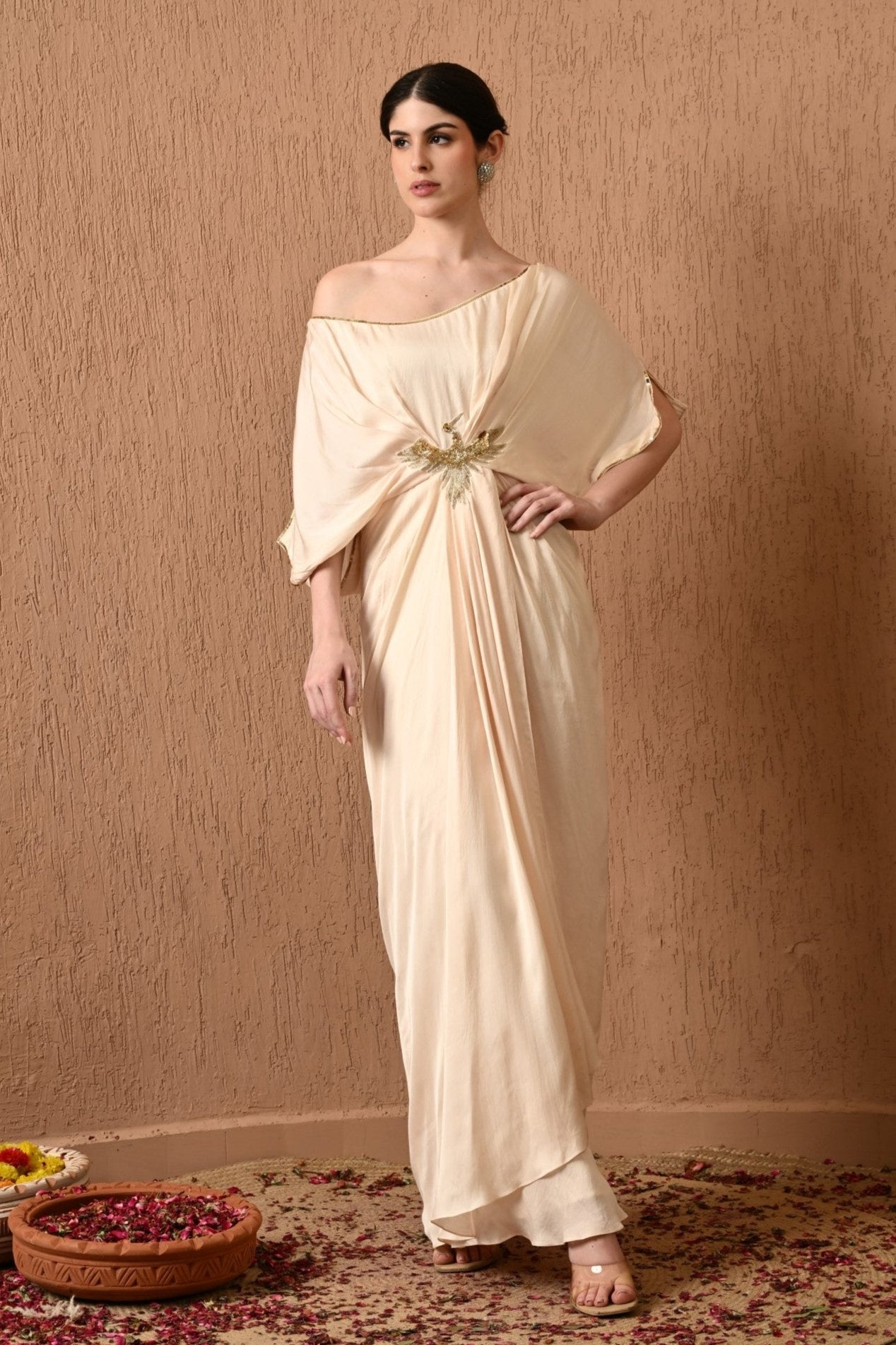 Ivory Embroidered Kaftan Dress for Women in Luxury Party Wear Style – Stunning ivory embroidered kaftan dress, perfect for luxury parties, with a graceful drooping shoulder design, Kaftan, Ivory Kaftan, Indo-western, Western Dress, Embroidered Kaftan, Sunanta Madaan, Party Wear, Wedding Wear Kaftan, summer wedding kaftan
