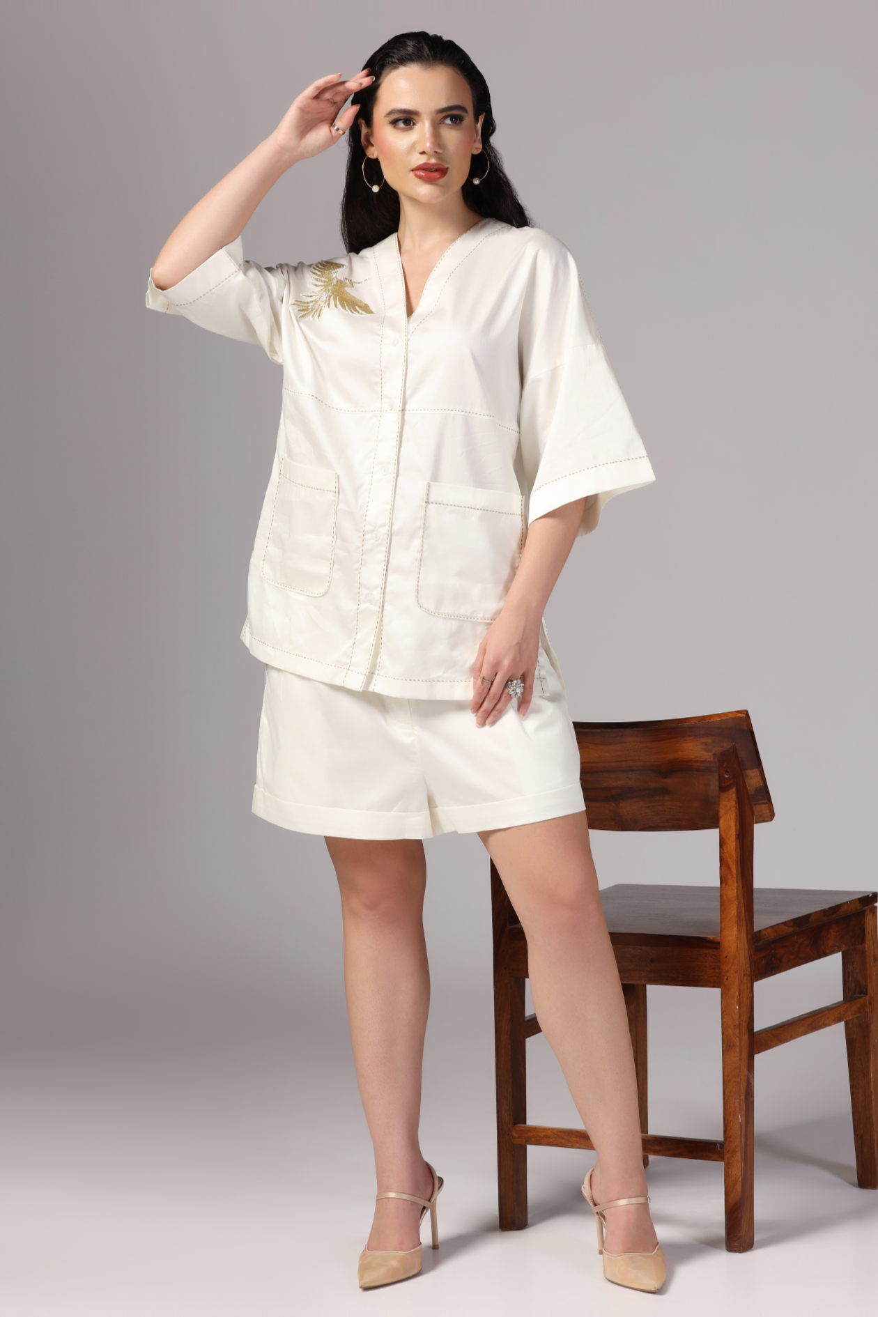 Hand Embroidered Coord Set, Half Sleeve Coord Set, Coord Set with Short, Two Pocket Coord Set, Ivory Color Coord Set, Short Coord Set for women, Sunanta Madaan