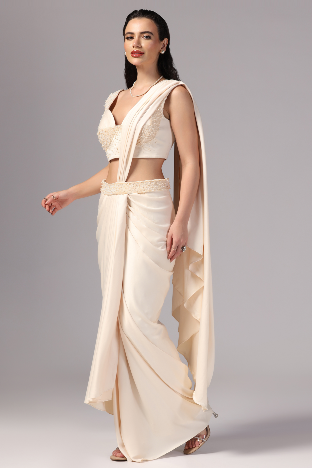 Party wear Indian Draped Saree with Hand Embroidery, Elegant Indo Western Saree, Fashionable Saree, Saree for Women, Festive Wear Saree, Sunanta Madaan