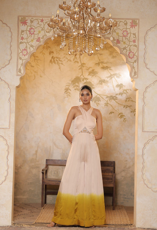 Ivory Yellow Satin Organza Sequence Work Jumpsuit - Premium Haldi Wear