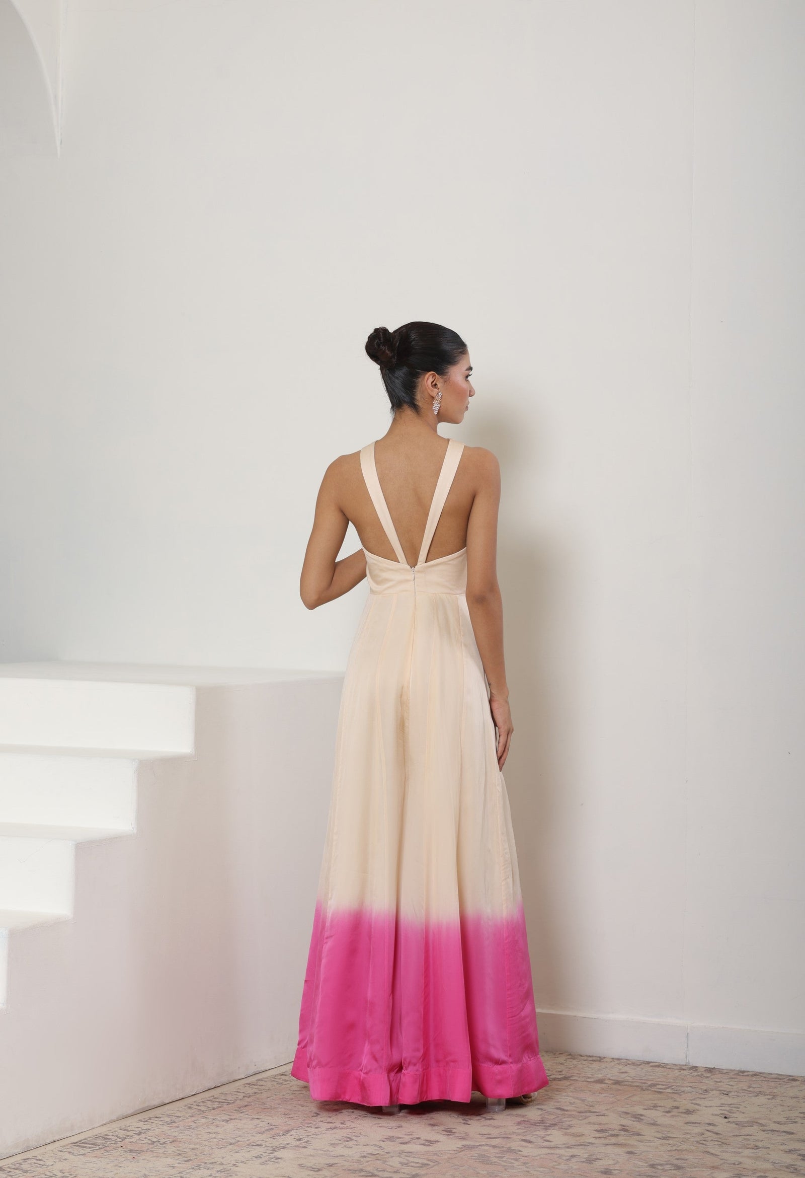 Ivory Pink Satin Organza Embroidered Jumpsuit - Designer Festive Wear