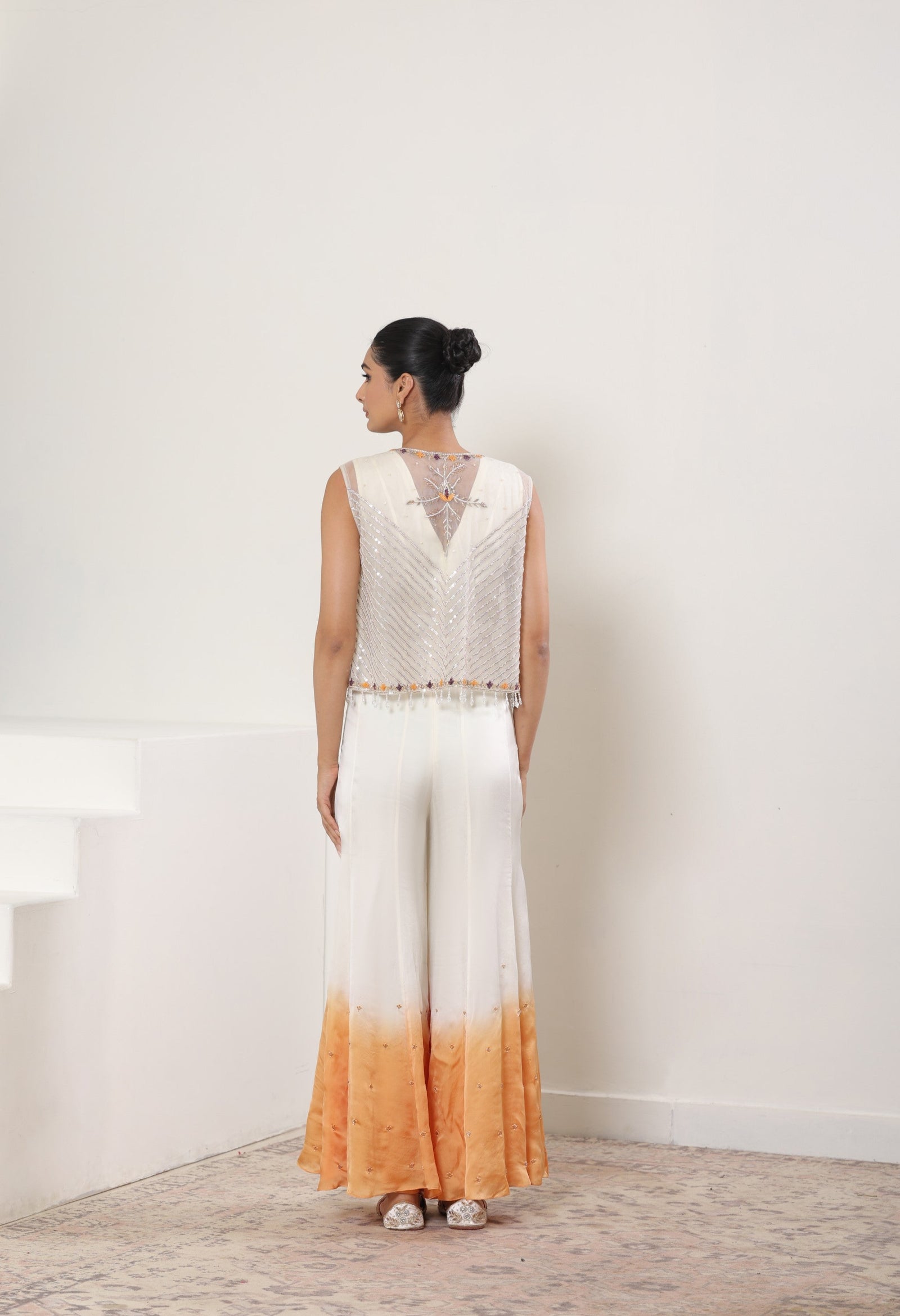 Ivory with Orange Satin Organza Jumpsuit with cape – Occasional Wear