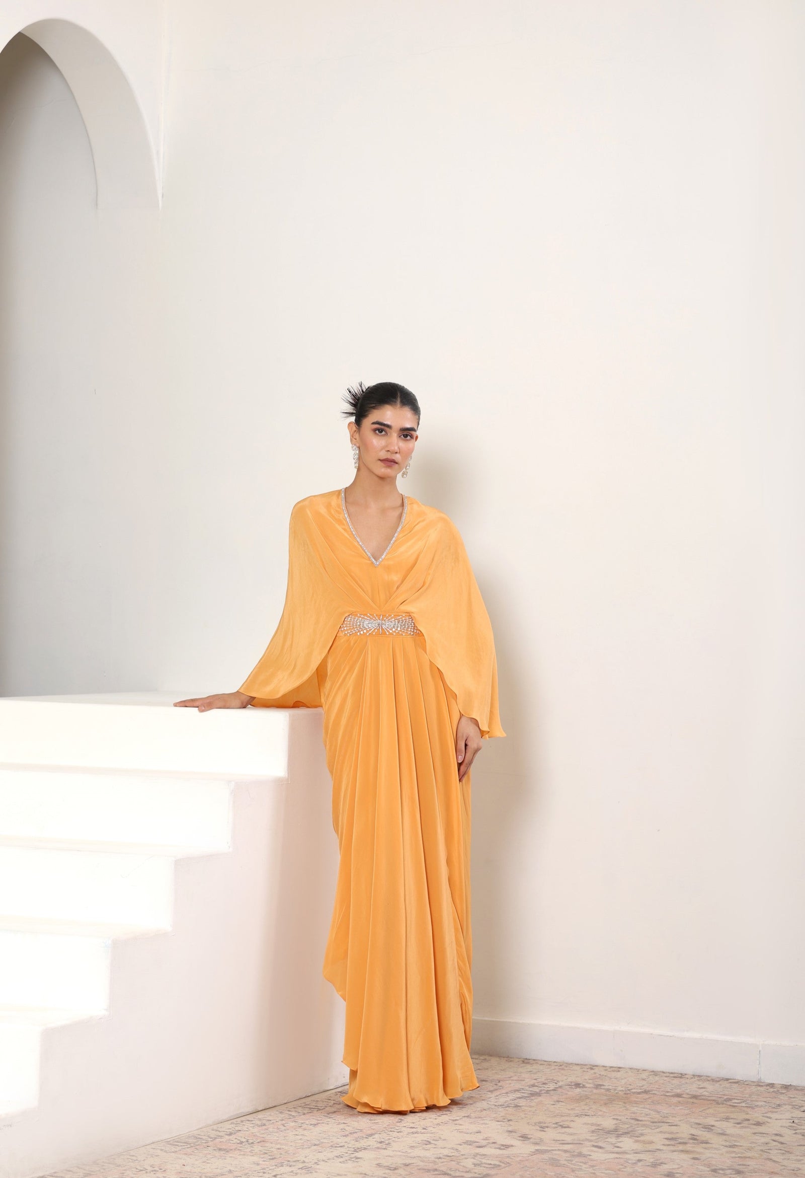 Orange Crepe Embroidered Kaftan – Luxury Evening Wear