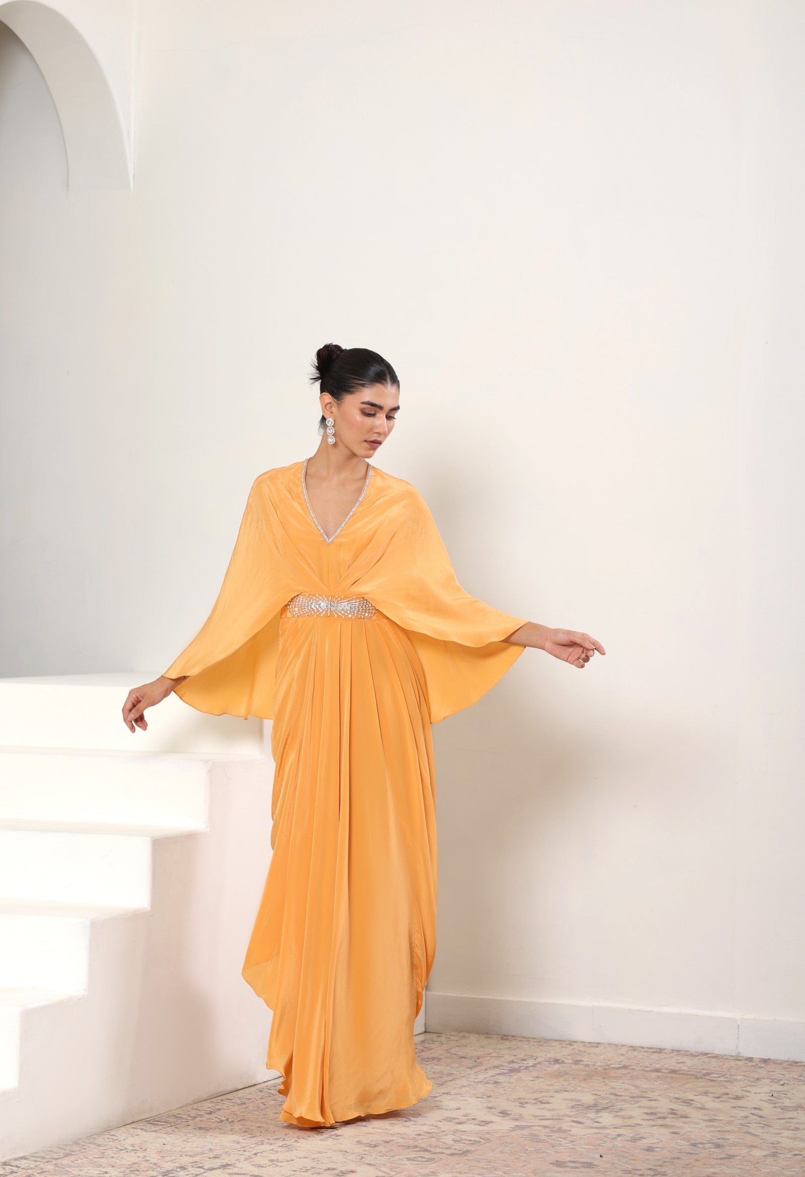 Orange Crepe Embroidered Kaftan – Luxury Evening Wear