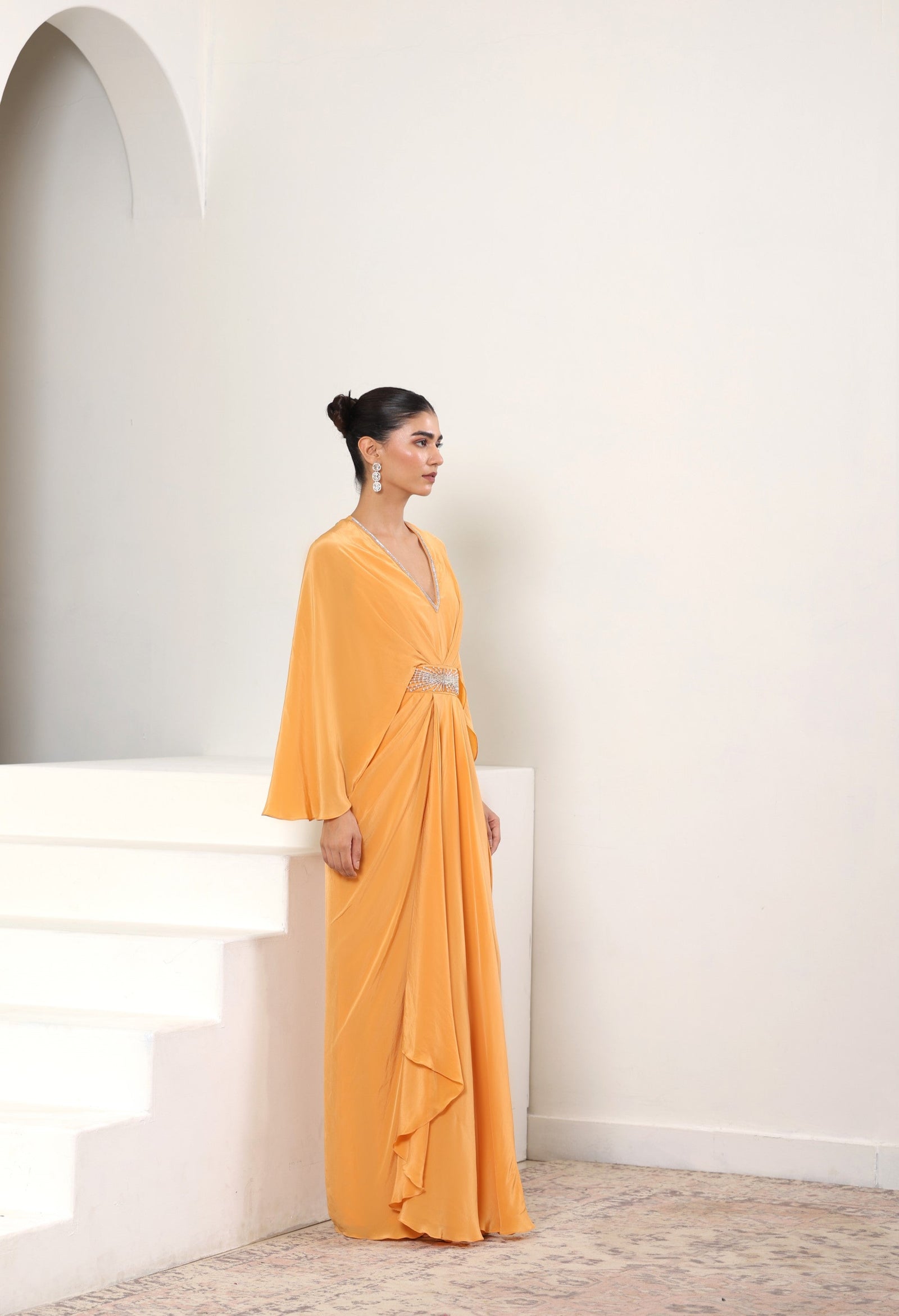 Orange Crepe Embroidered Kaftan – Luxury Evening Wear