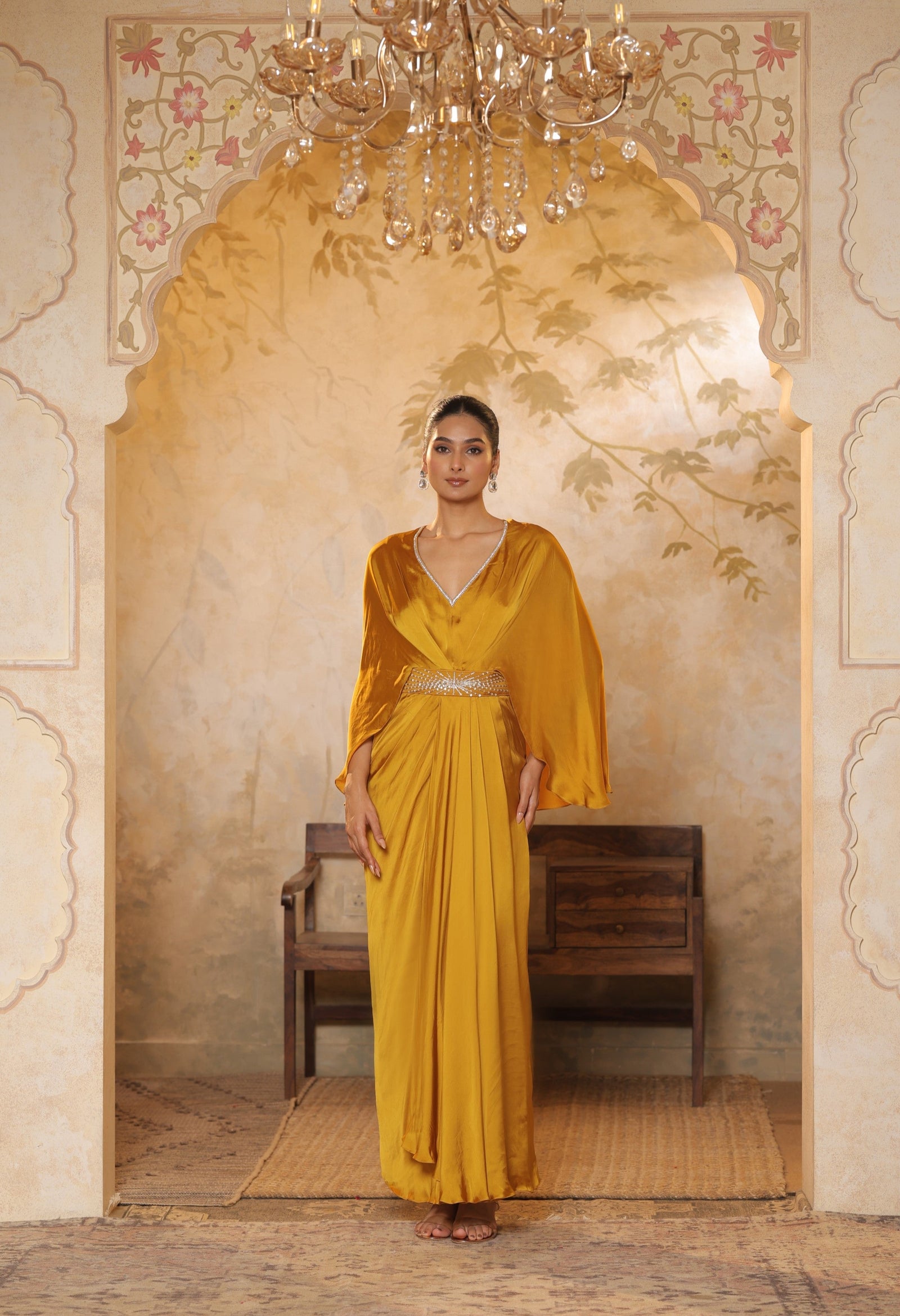 Yellow Crepe V- Neck Embroiderd Kaftan – Handcrafted Festive Wear