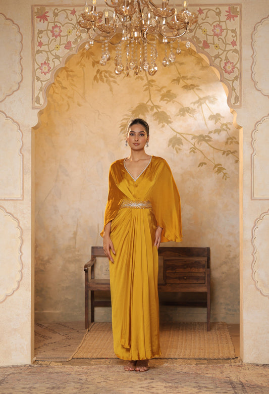Yellow Crepe V- Neck Embroiderd Kaftan – Handcrafted Festive Wear
