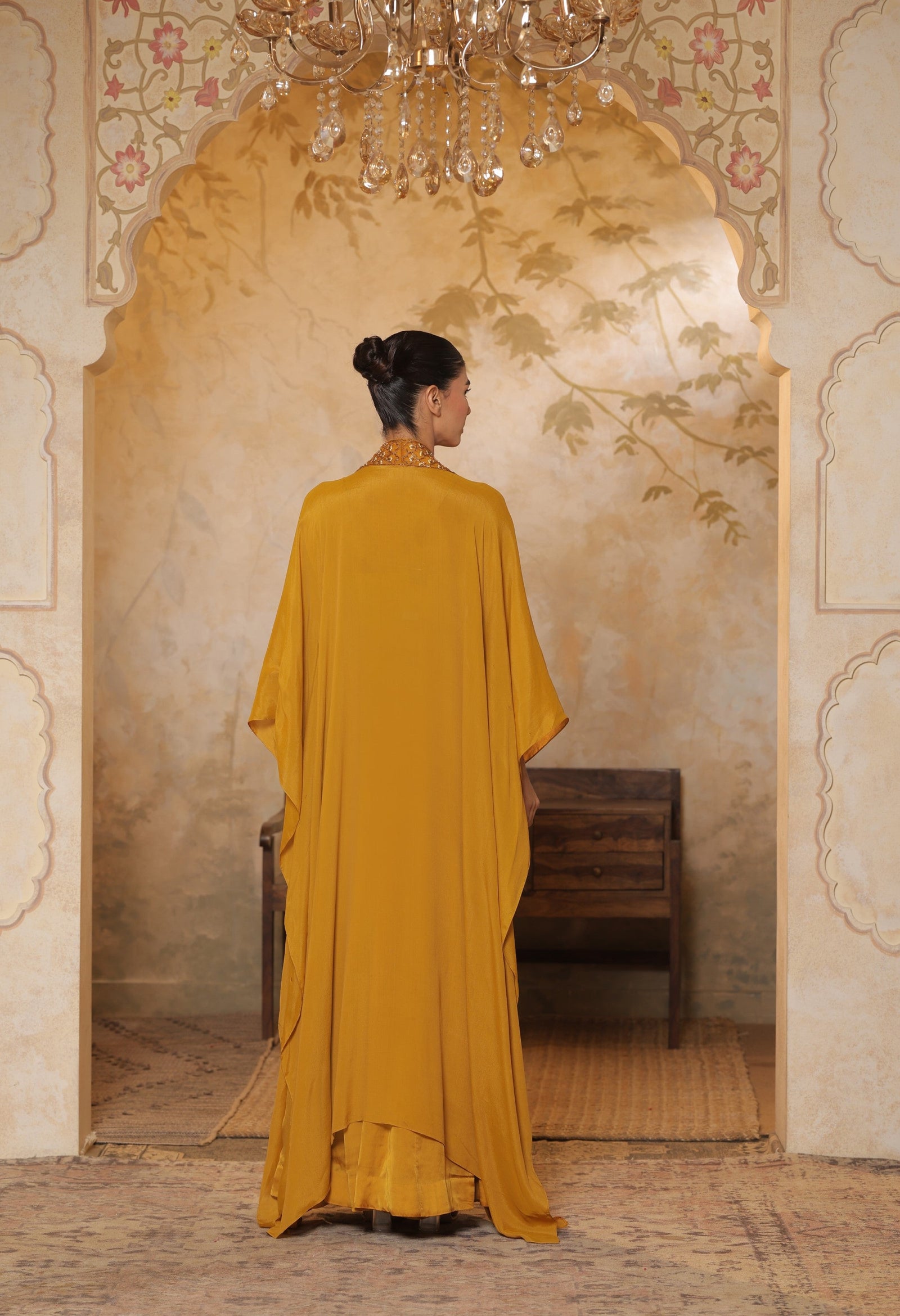 Yellow Crepe V- Neck Embroiderd Kaftan – Handcrafted Festive Wear
