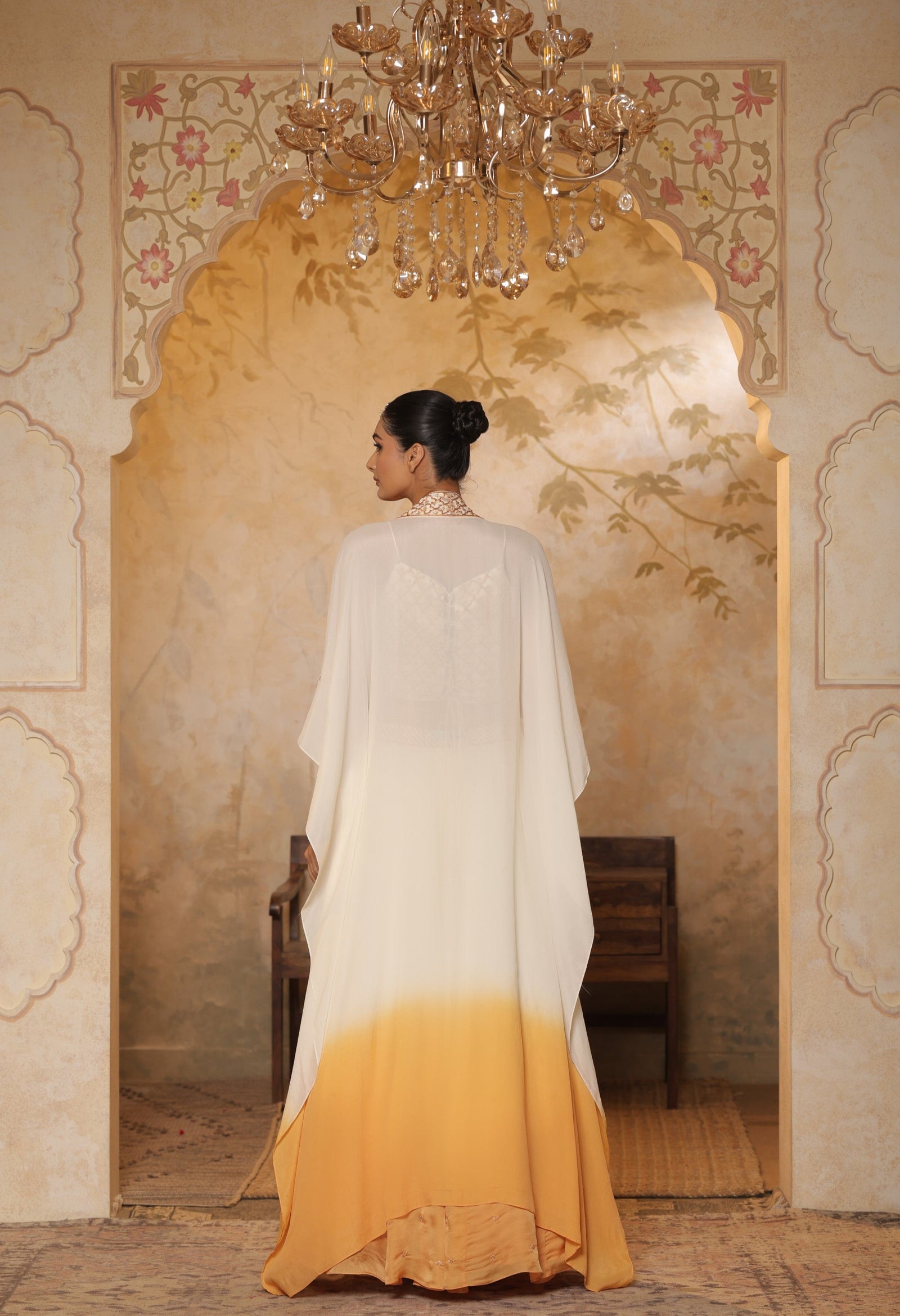 Ivory & Orange Satin Organza Lehenga with Cape - Elegant Festive Wear