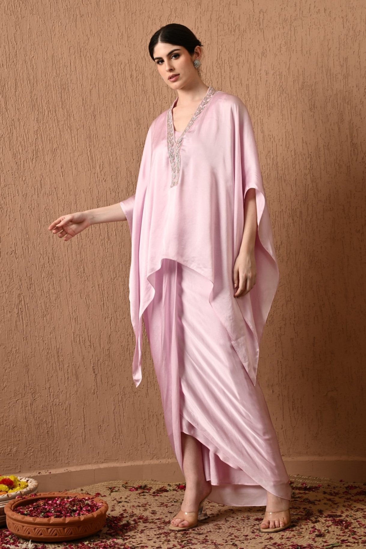Pink Kaftan, Kaftan with Draped Skirt, Indo-western, Western Dress, Embroidered Kaftan, Festive Wear, Sunanta Madaan