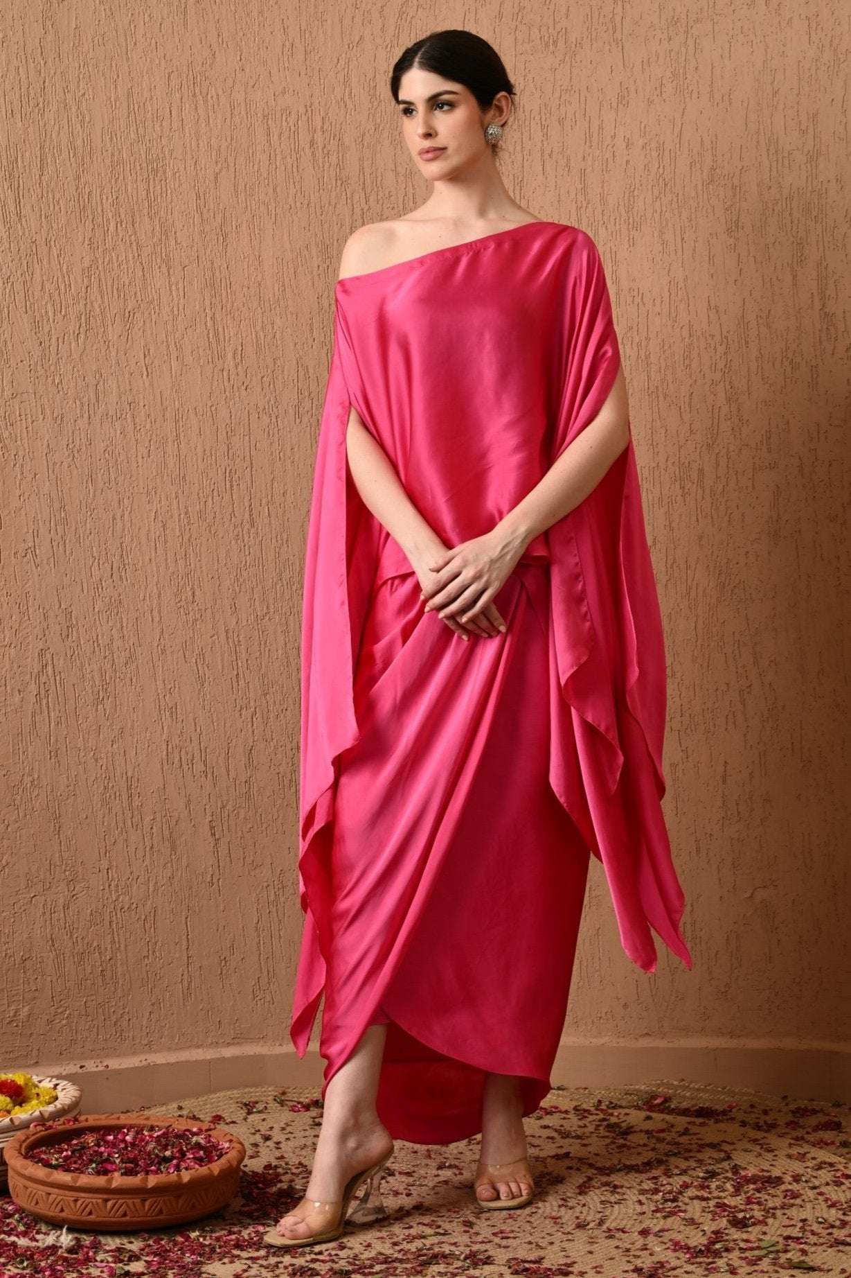 Kaftan, Pink Kaftan, Kaftan with Draped Skirt, Indo-western, Western Dress, Embroidered Kaftan, Sunanta Madaan, Draped Skirt With Kaftan in Pink, kaftan dress