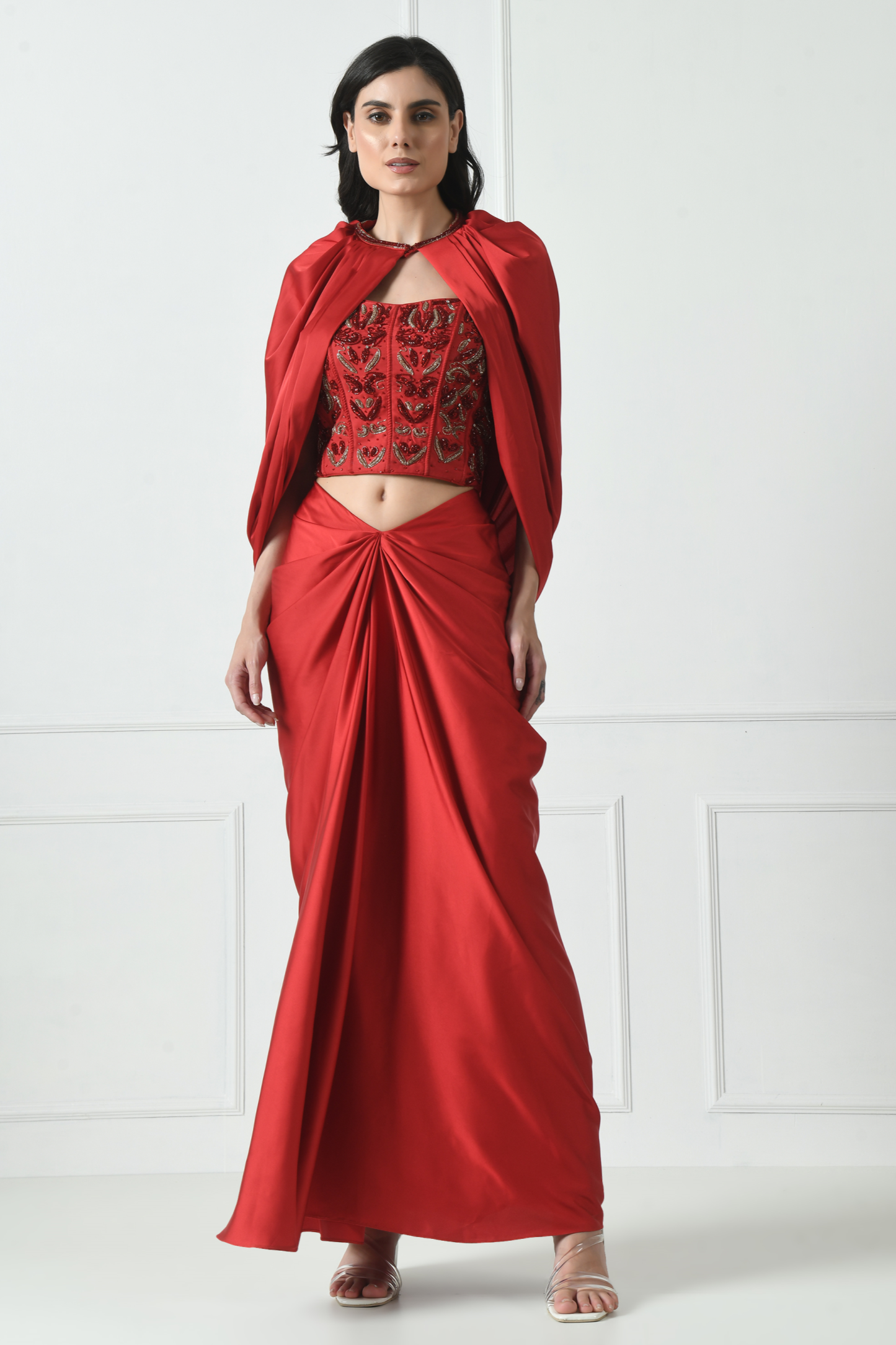 Red Indo Western Skirt Dress with Cape | Stylish Party Wear Sunanta Madaan Couture Red Indo Western Skirt Dress with Cape | Stylish Party Wear Sunanta Madaan Couture