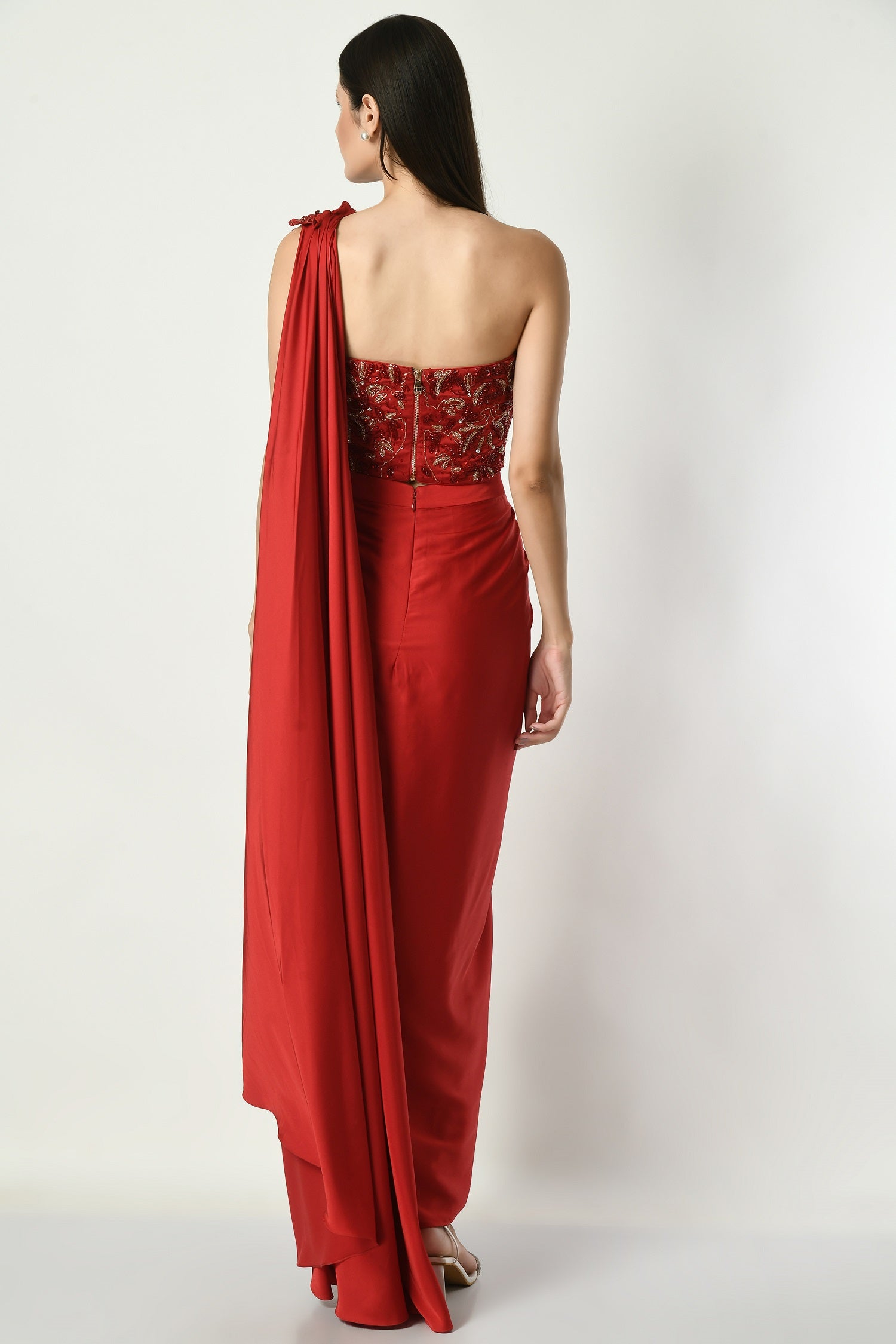 Indo-Western saree for cocktail party, Cold shoulder blouse saree, Unique Indo-Western saree, Glamorous Indo-Western saree, Satin Indo-Western saree, Sunanta Madaan