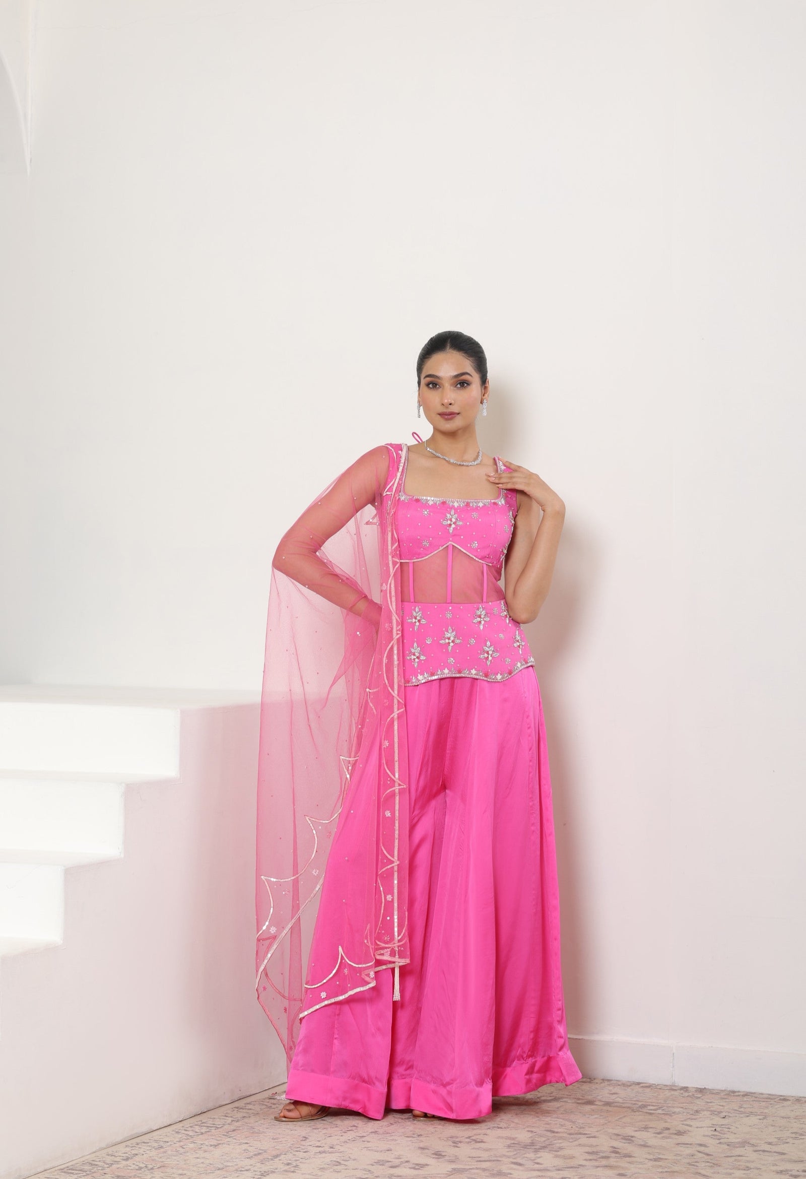 Pink Satin Organza Embroidered Sharara Set - Occasional Wear