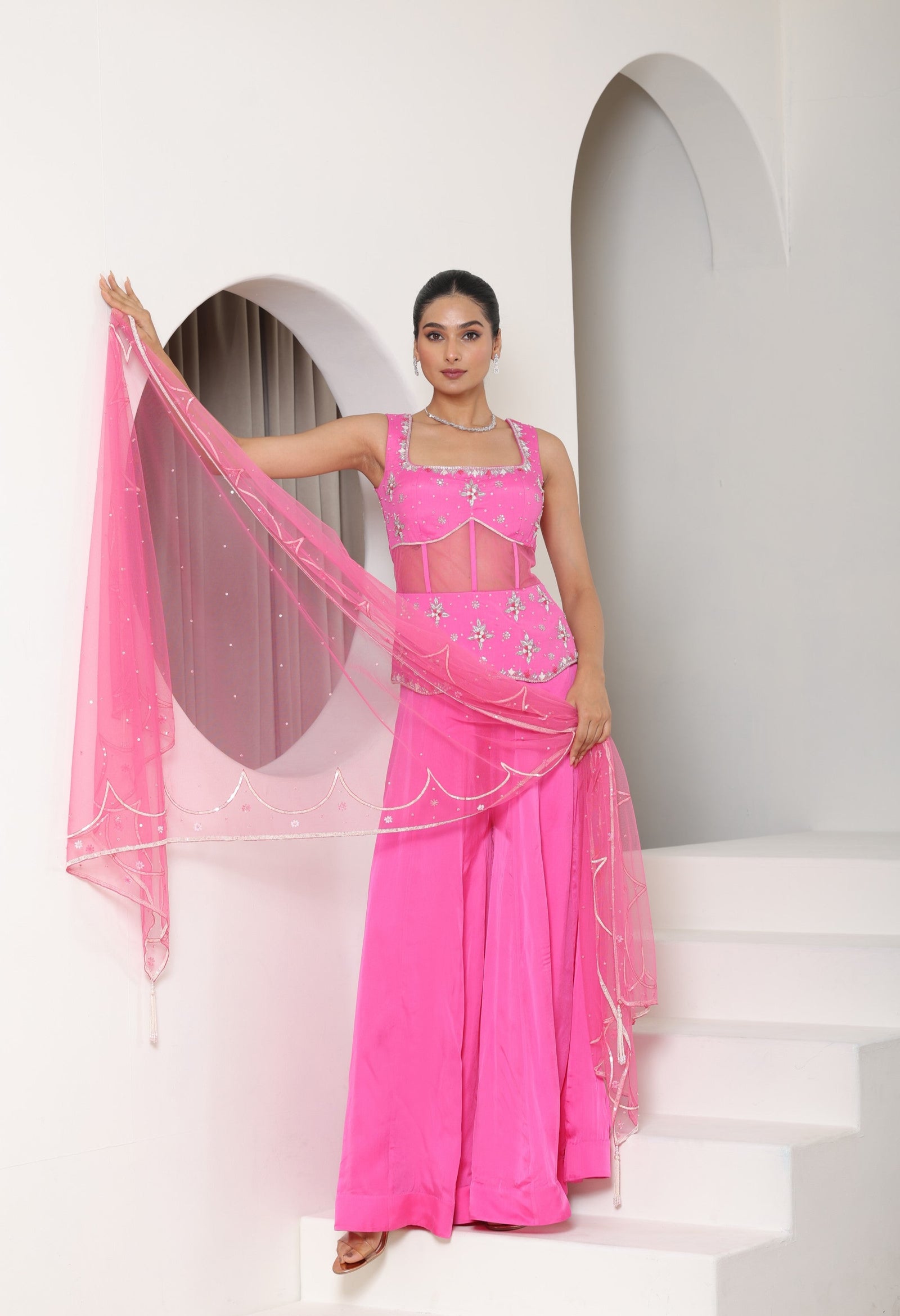 Pink Satin Organza Embroidered Sharara Set - Occasional Wear