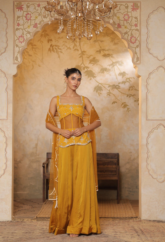 Silk Crepe yellow sharara set - Occasional Festive Wear