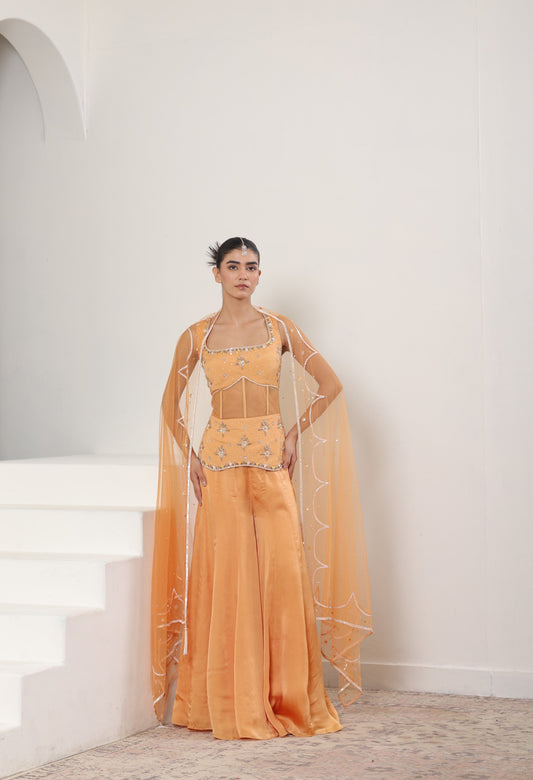 Orange Silk Crepe Draped Sharara Set -  Festive Wear
