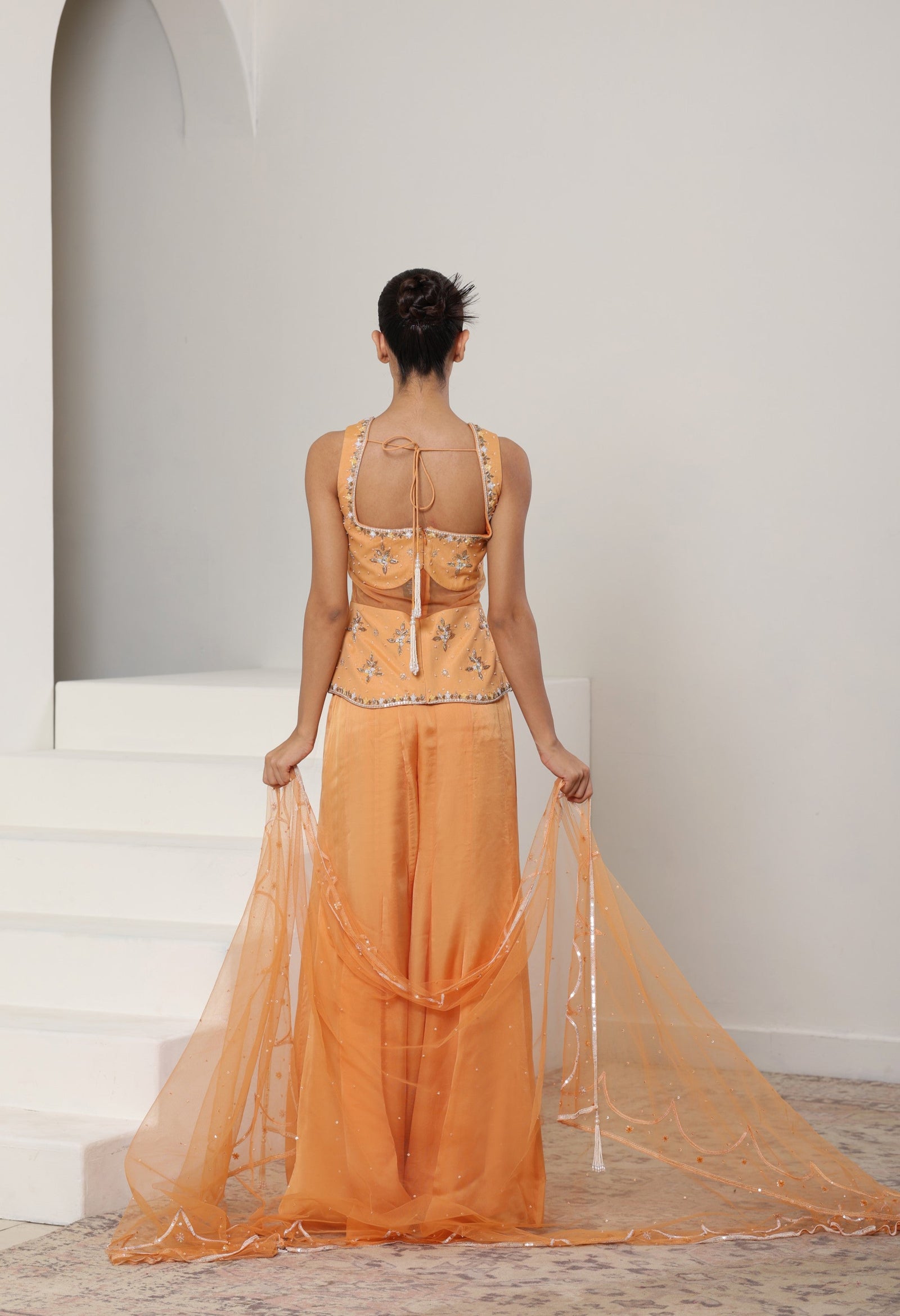 Orange Silk Crepe Draped Sharara Set -  Festive Wear