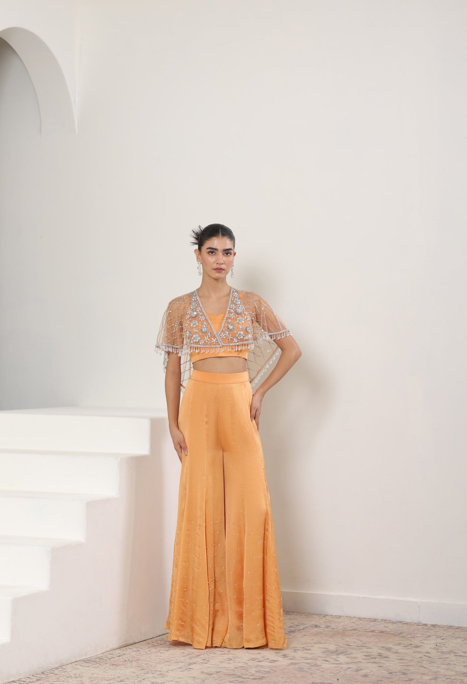 Orange Satin Organza Embroidered Sharara & Cape Set - Festive Wear