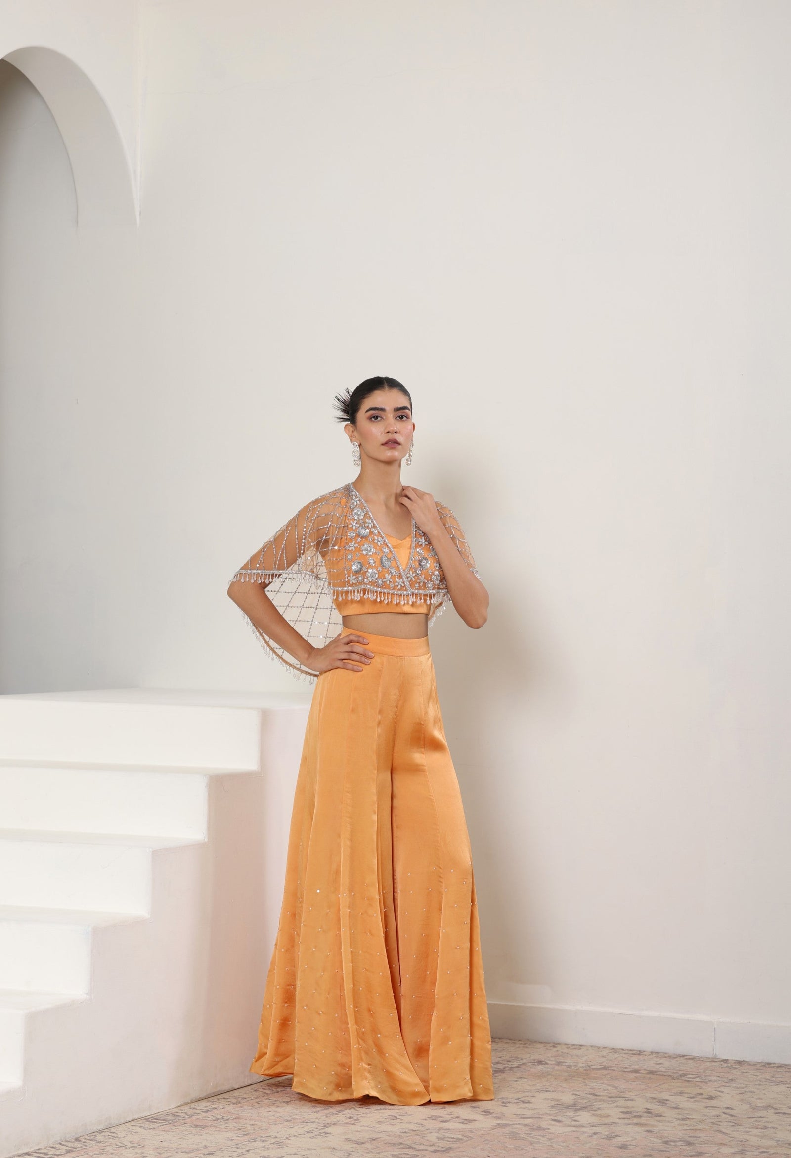 Orange Satin Organza Embroidered Sharara & Cape Set - Festive Wear
