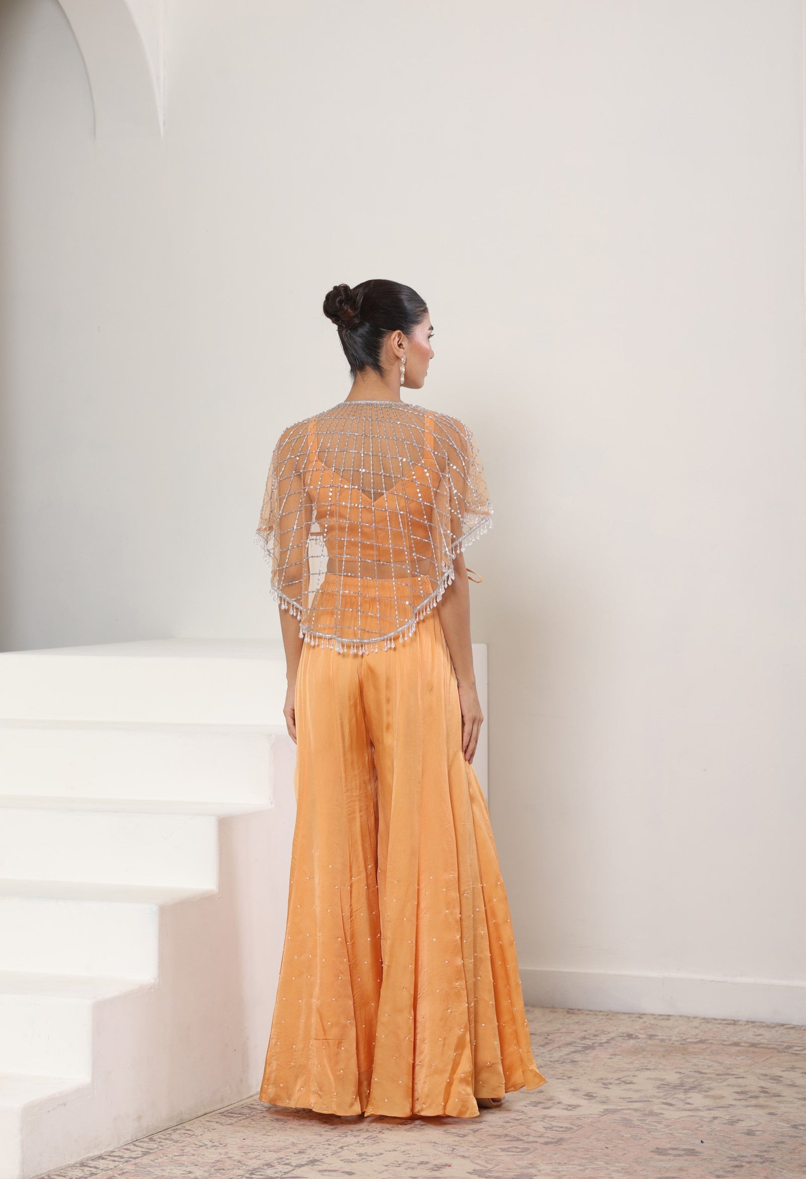 Orange Satin Organza Embroidered Sharara & Cape Set - Festive Wear