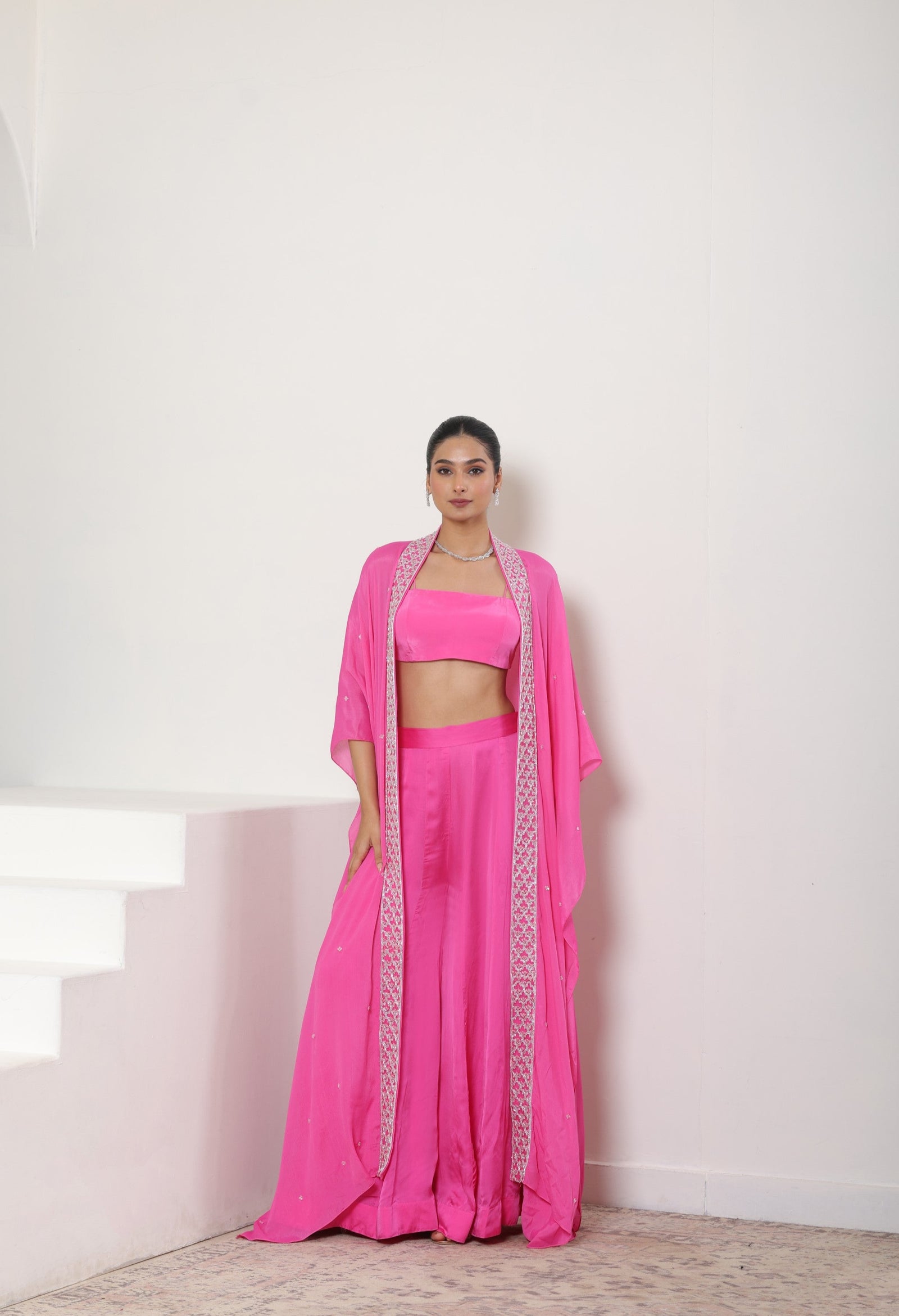 Hot Pink Embroidered Crepe Sharara Set - Handcrafted Evening Wear