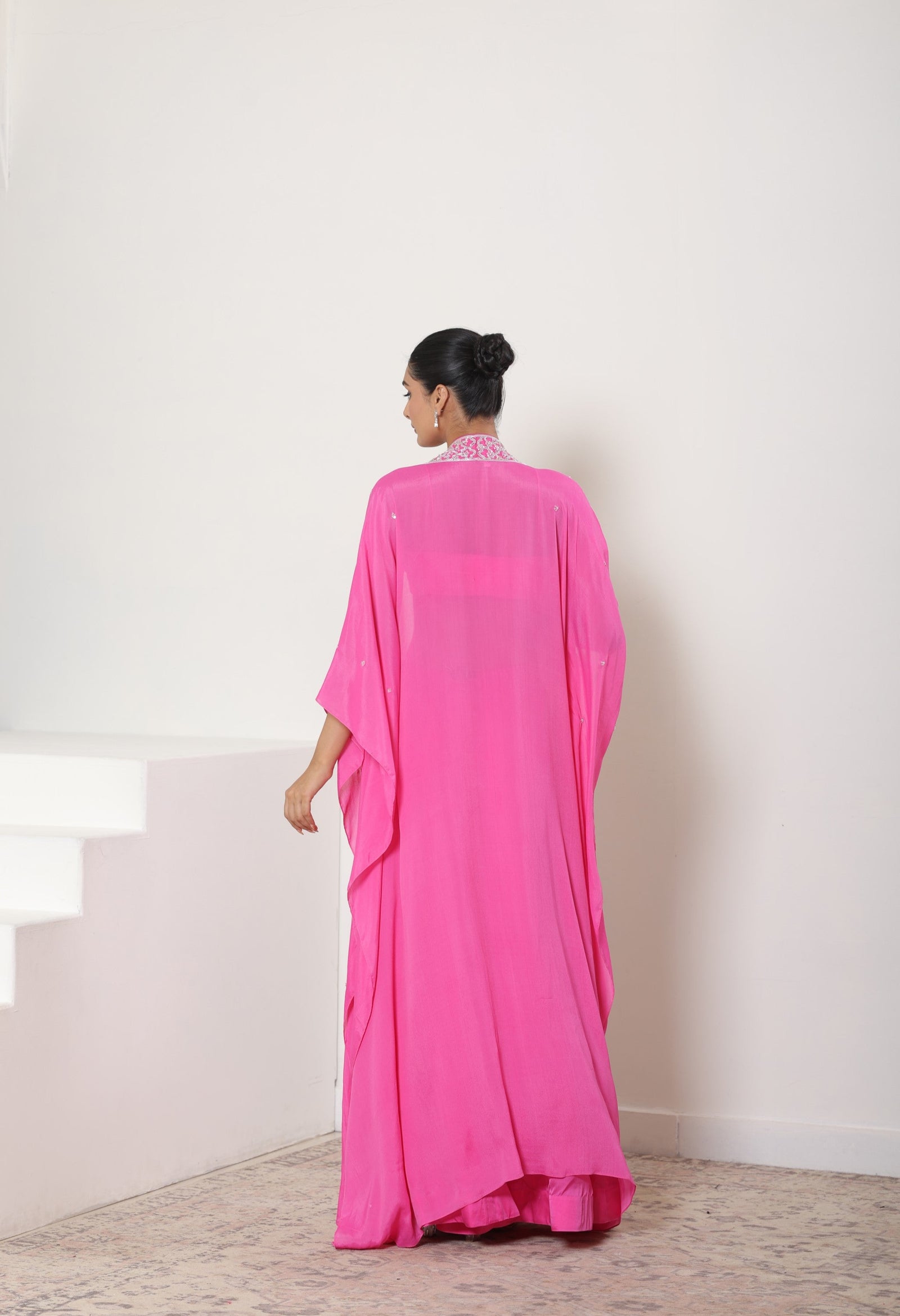 Hot Pink Embroidered Crepe Sharara Set - Handcrafted Evening Wear