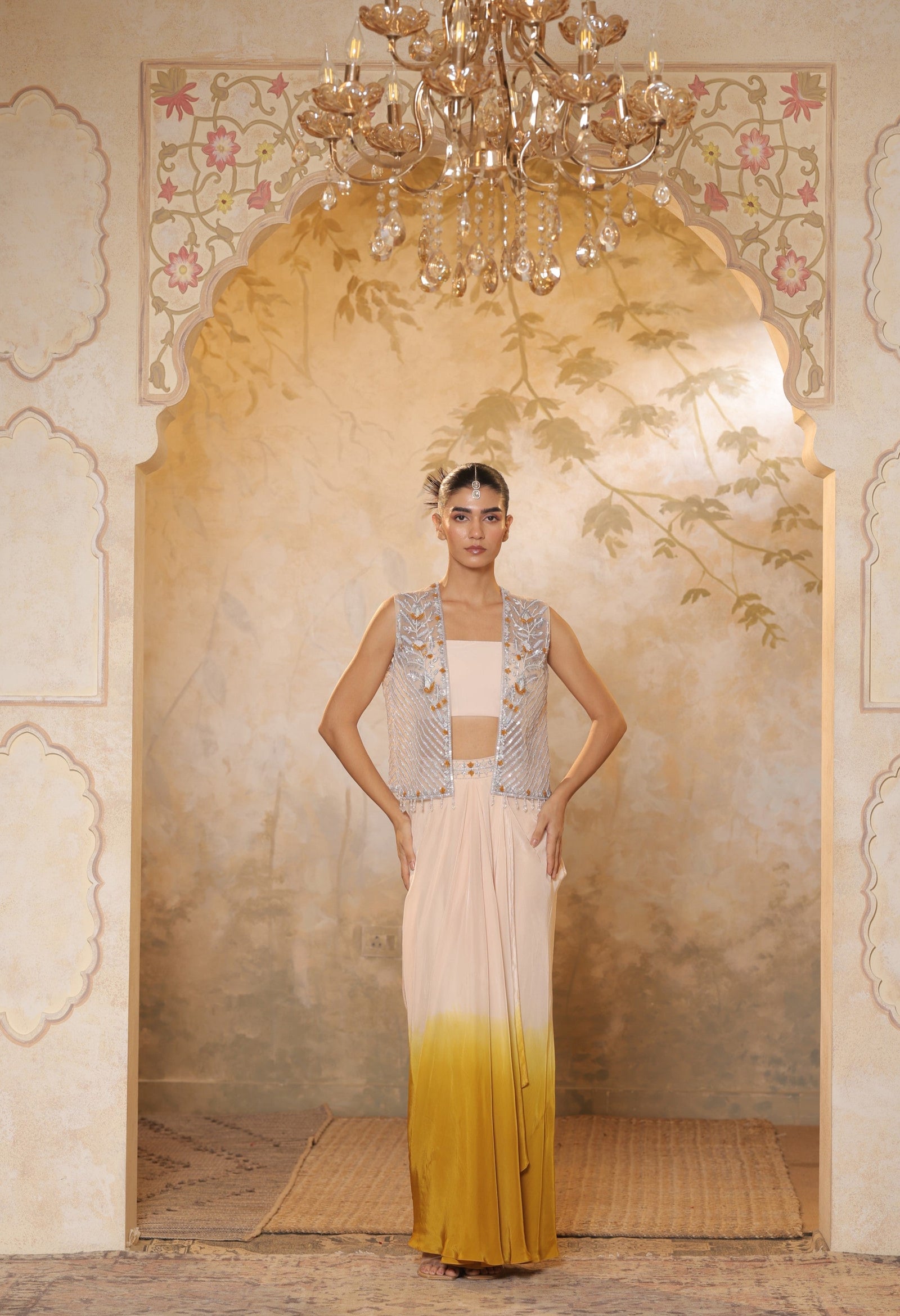 Indo-Western attire for engagement, Indo-Western outfit for sangeet, Indo-Western draped dress, Indo-Western embroidered skirt, Indo-Western embroidered dress,