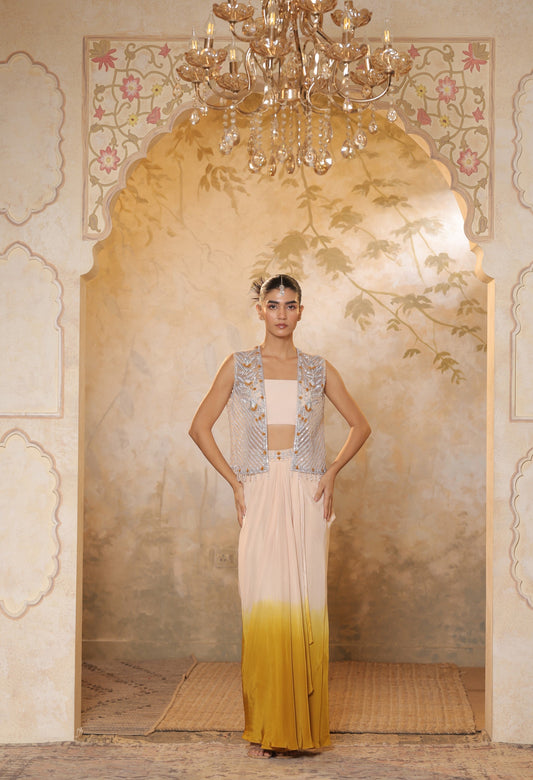 Indo-Western attire for engagement, Indo-Western outfit for sangeet, Indo-Western draped dress, Indo-Western embroidered skirt, Indo-Western embroidered dress,