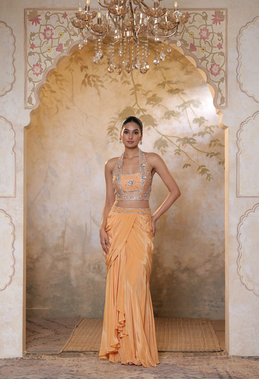 Indo-Western attire for engagement, Indo-Western outfit for sangeet, Indo-Western draped dress, Indo-Western embroidered skirt, Indo-Western embroidered dress,