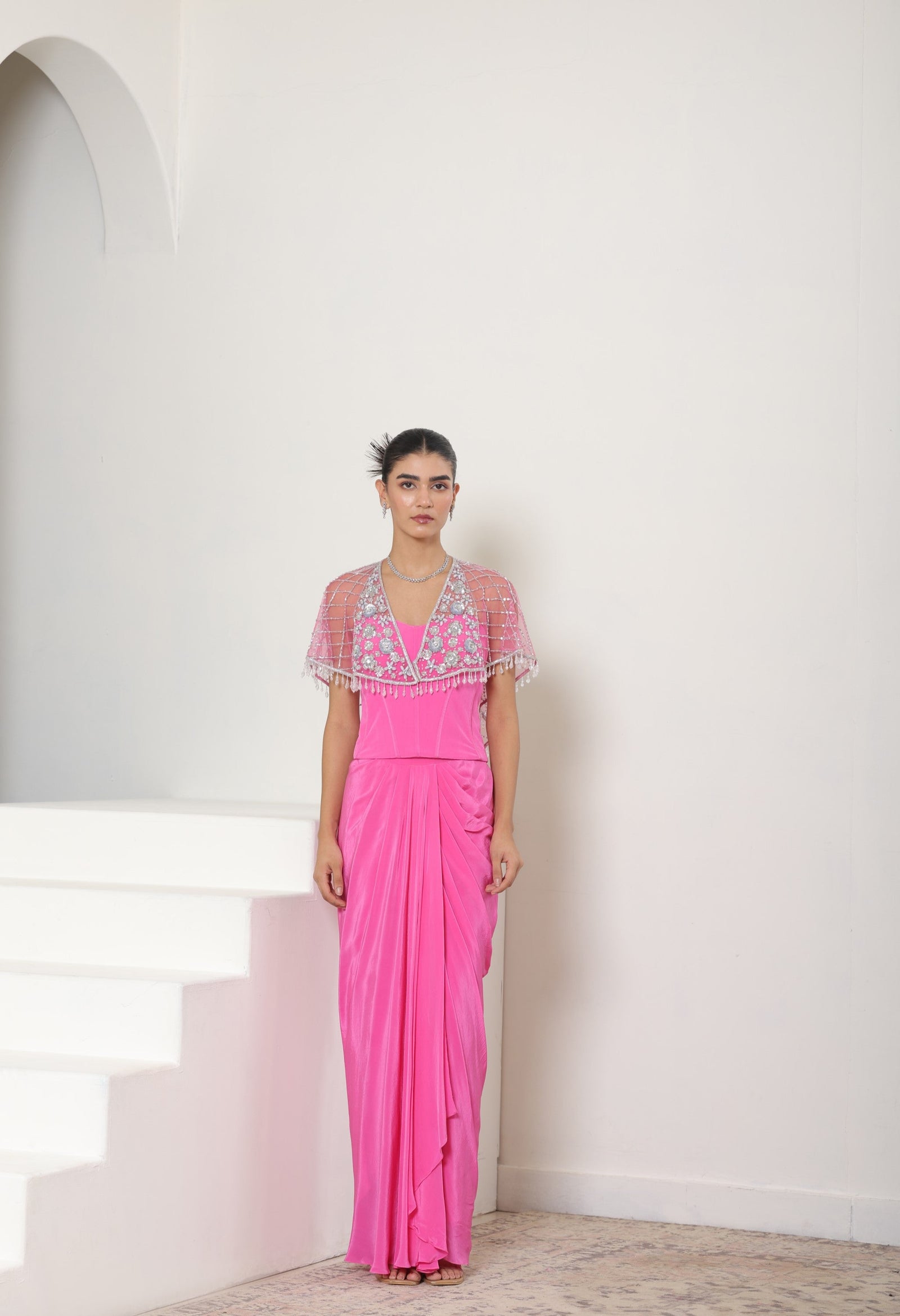 Pink Crepe Skirt Set with Embroided Cape - Handcrafted Engagement Wear