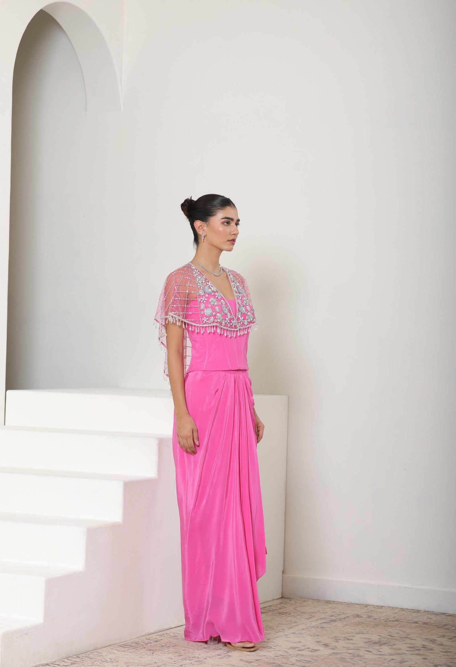 Pink Crepe Skirt Set with Embroided Cape - Handcrafted Engagement Wear