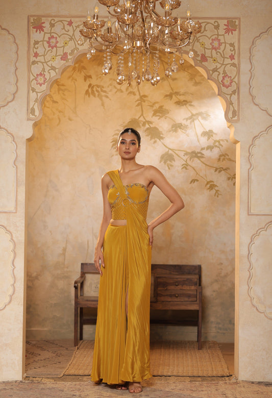 Golden Yellow Crepe Embroidered Saree - Premium Haldi Wear