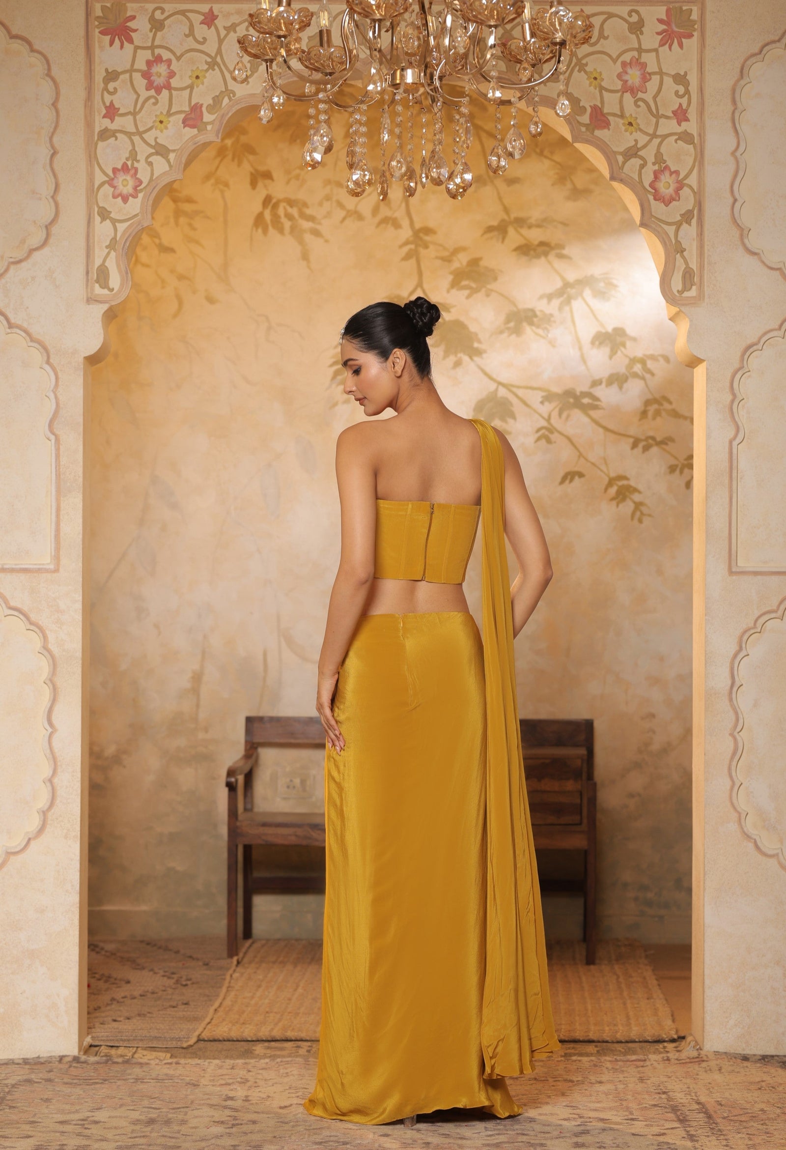 Golden Yellow Crepe Embroidered Saree - Premium Haldi Wear
