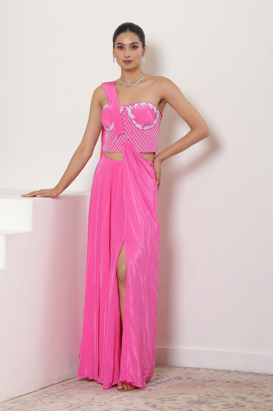 Hot Pink Hand Embroidered Crepe Saree - Premium Cocktail Wear