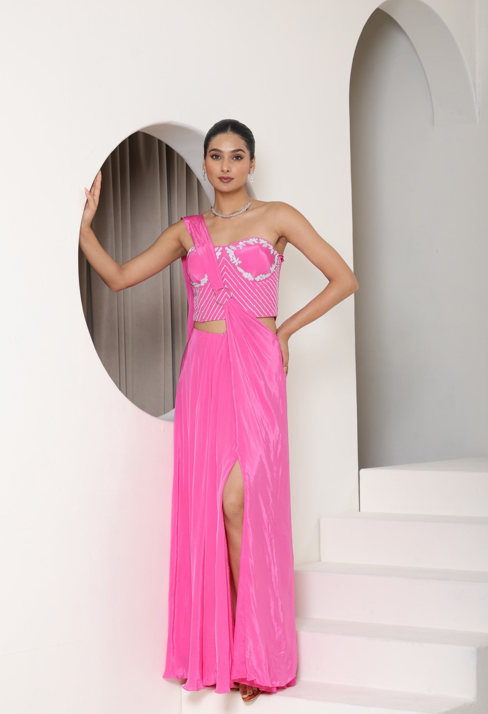 Hot Pink Hand Embroidered Crepe Saree - Premium Cocktail Wear