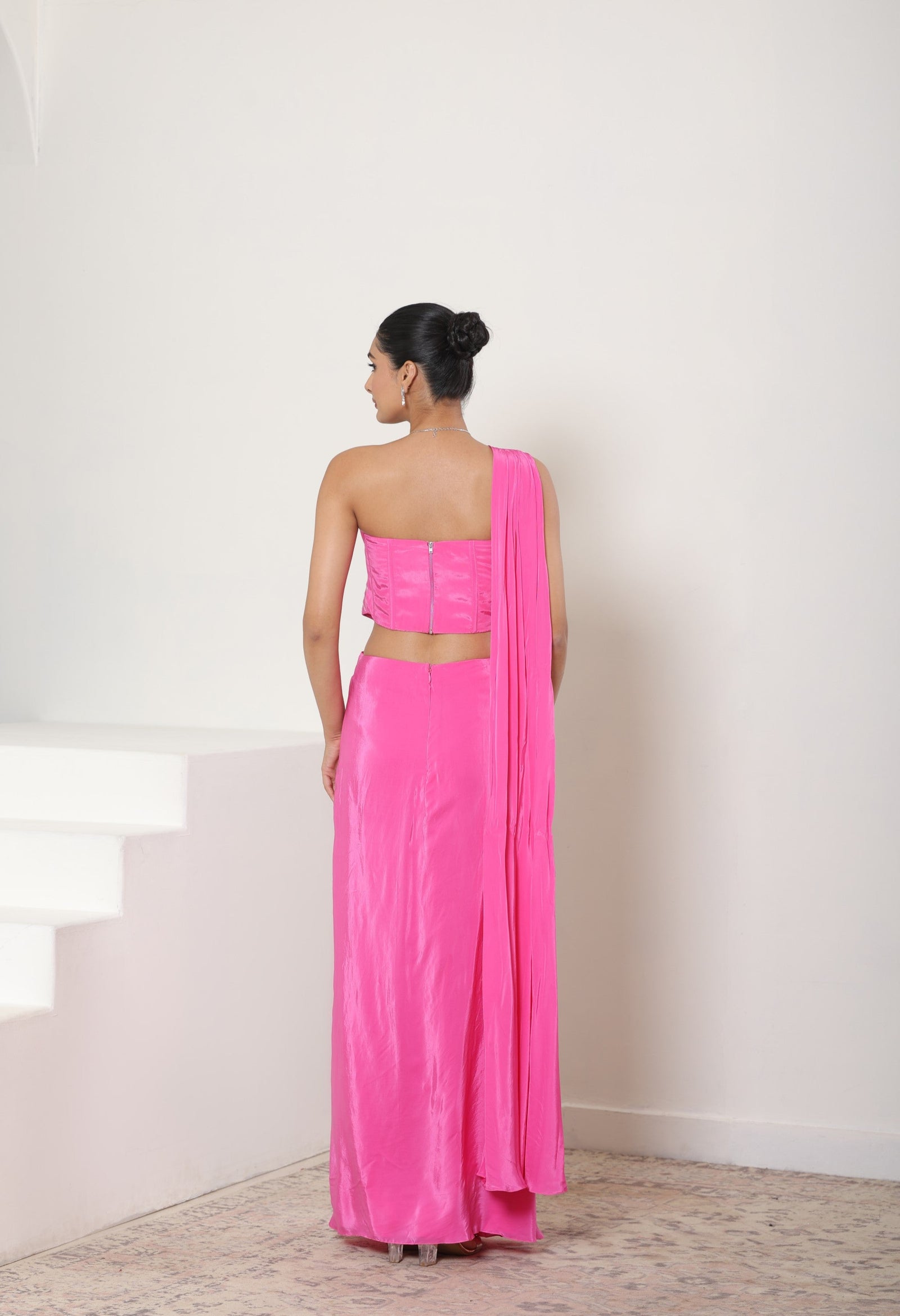 Hot Pink Hand Embroidered Crepe Saree - Premium Cocktail Wear
