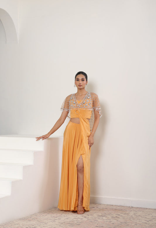 Woman in a yellow evening gown with a white background