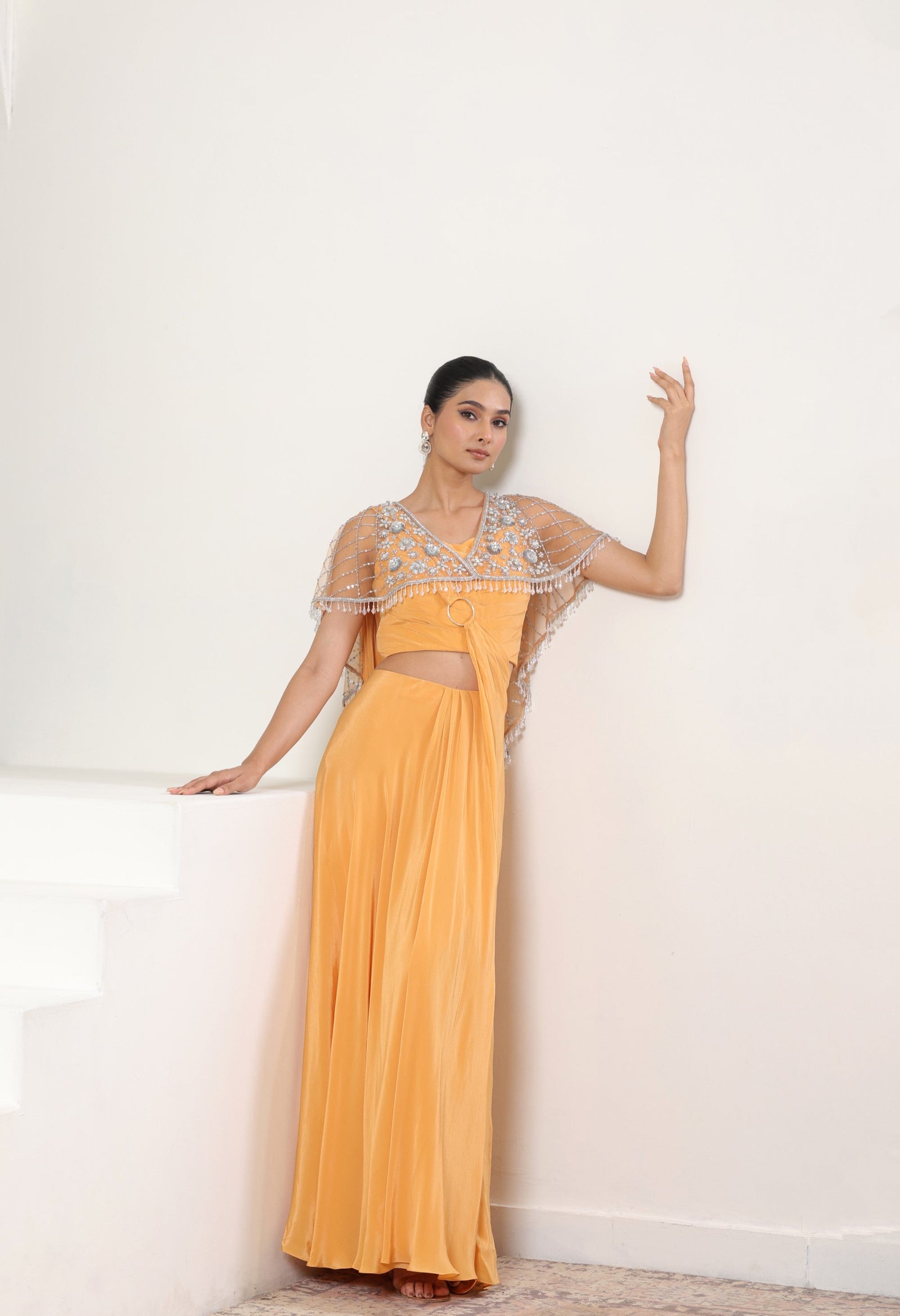 Orange Crepe Saree wih Embroidered Cape - Designer Reception Wear