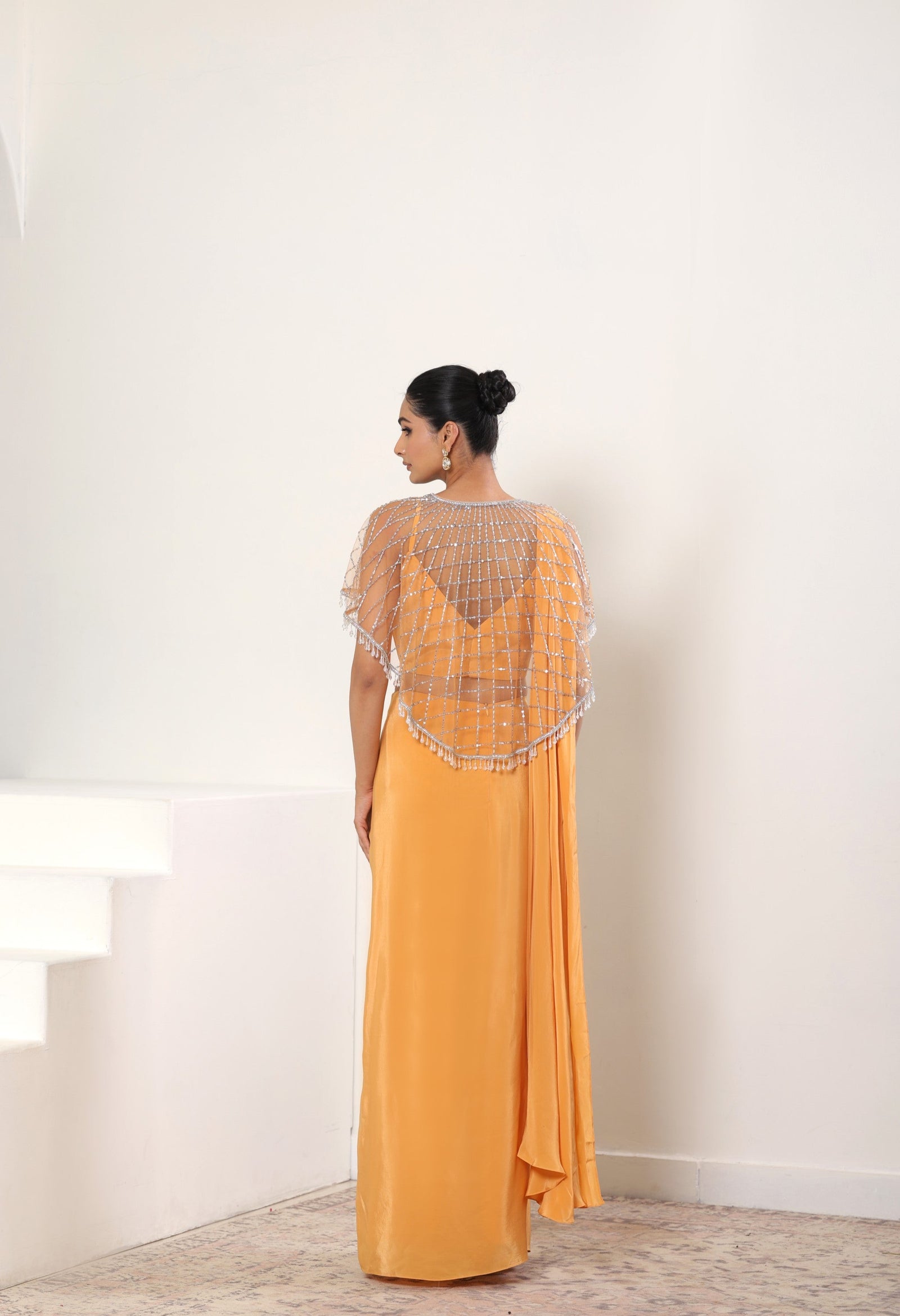 Orange Crepe Saree wih Embroidered Cape - Designer Reception Wear
