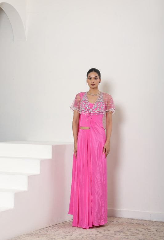 Pink Crepe Saree wih Embroidered Cape - Designer Wedding Wear