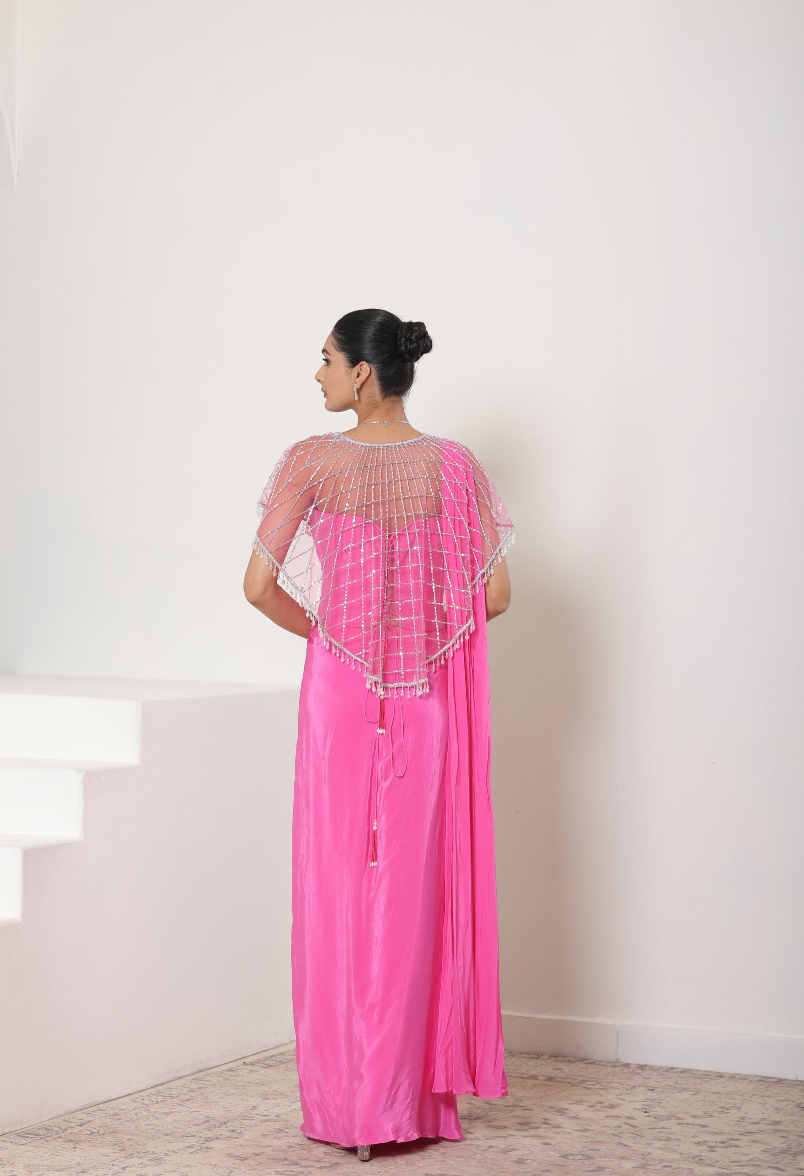 Pink Crepe Saree wih Embroidered Cape - Designer Wedding Wear